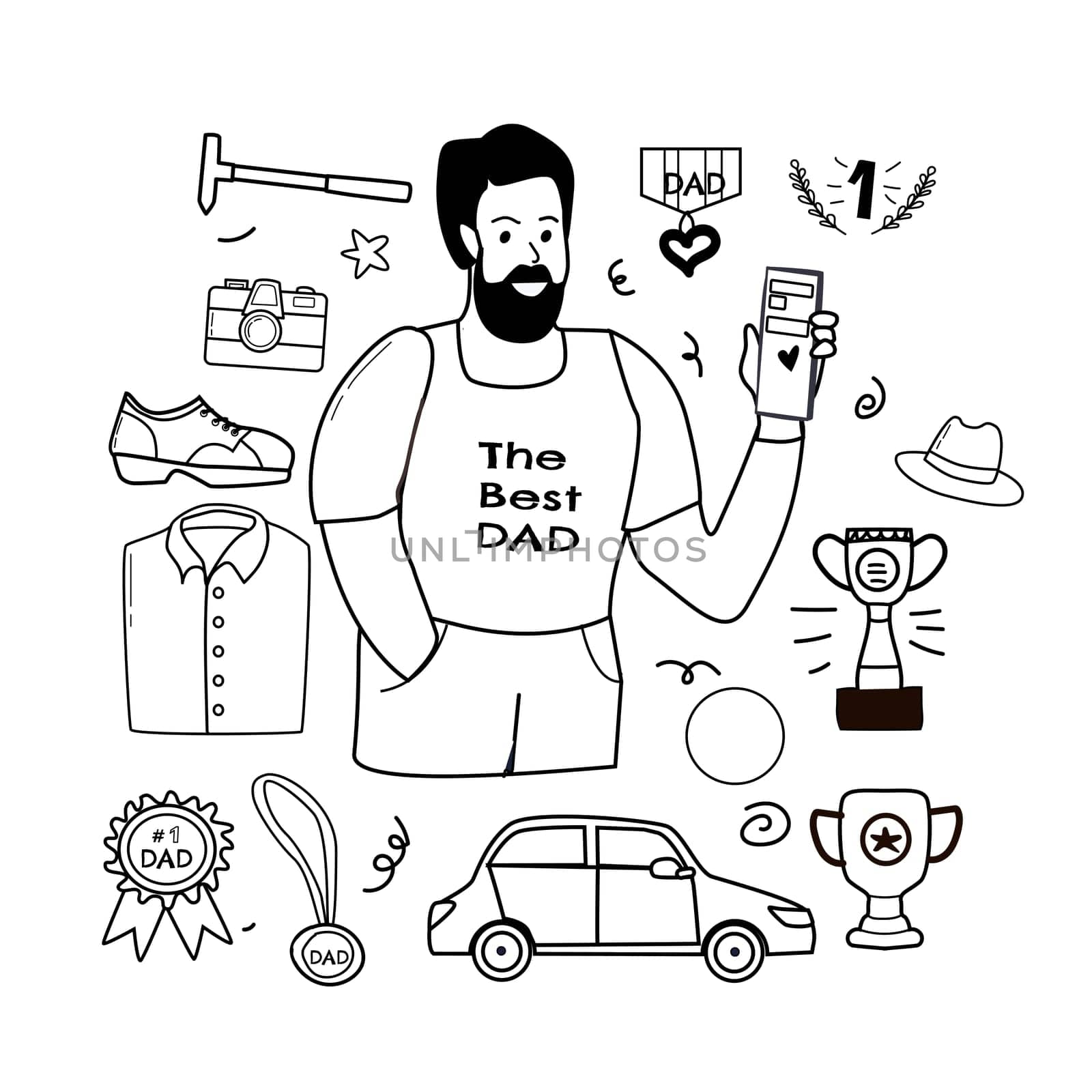 happy fathers day elements doodle design, celebration accessories message decoration party for greeting card, banner, poster
