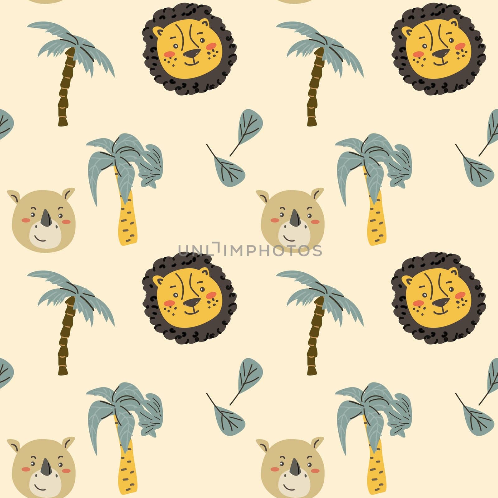 Wild african safari animals pattern in trendy scandinavian style. Cute childish print with tropical jungle portraits of animals.