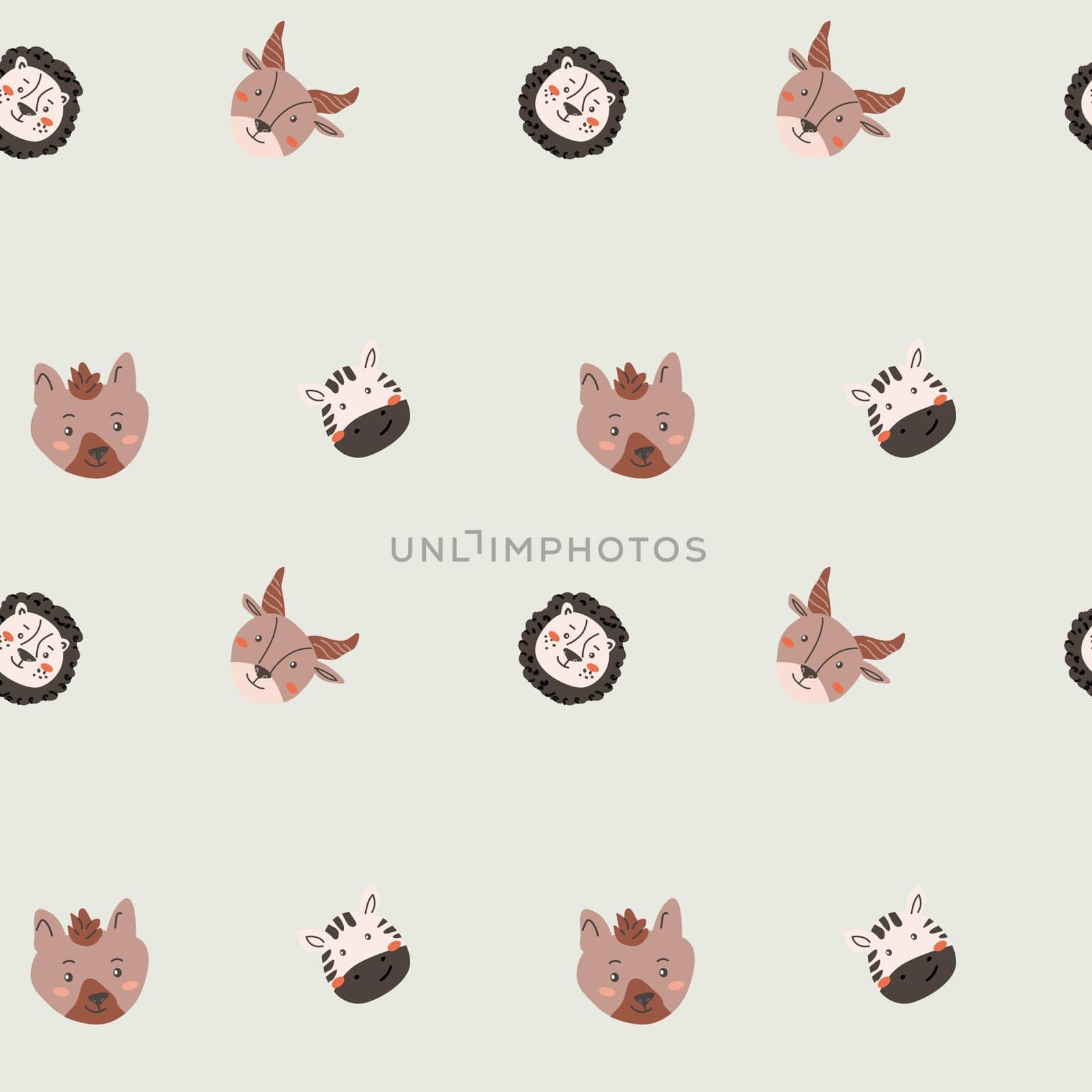 Wild african safari animals pattern in trendy scandinavian style. Cute childish print with tropical jungle portraits of animals.