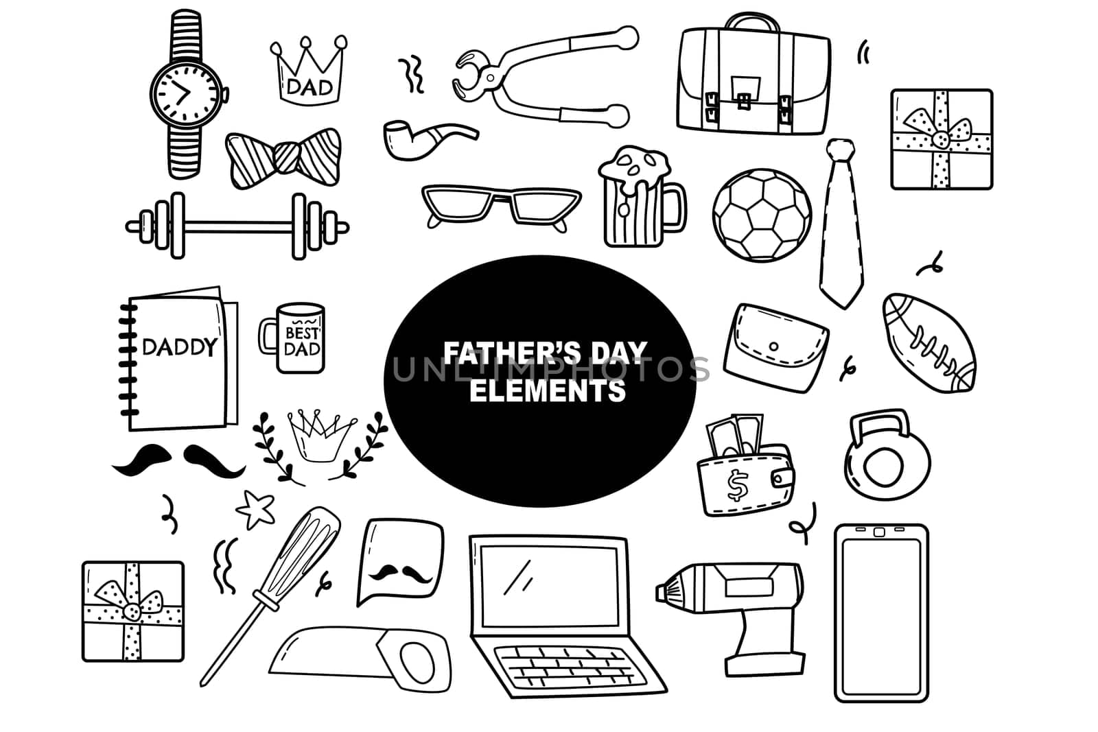 happy fathers day elements doodle design, celebration accessories message decoration party for greeting card, banner, poster
