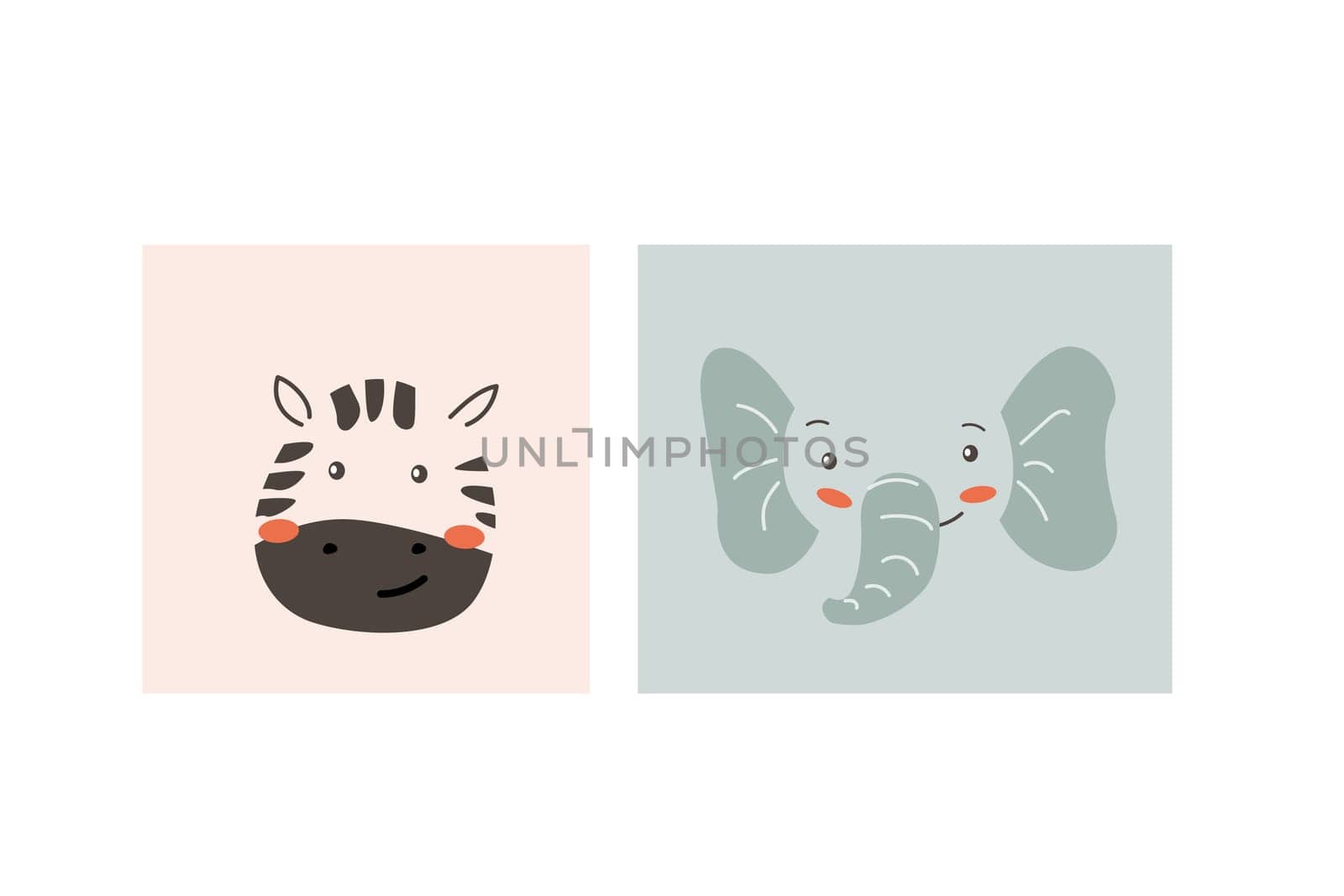 African animals faces set. Cute doodle animal portraits. Hand drawn characters. Tropical and jungle cartoon heads of elephant and zebra. Wild exotic pets.