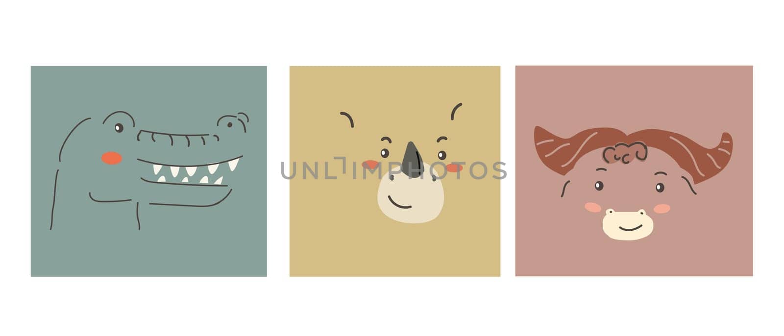 African animals faces set. Cute doodle animal portraits. Hand drawn characters. Tropical and jungle cartoon heads of crocodile, buffalo, rhinoceros. Wild exotic pets.