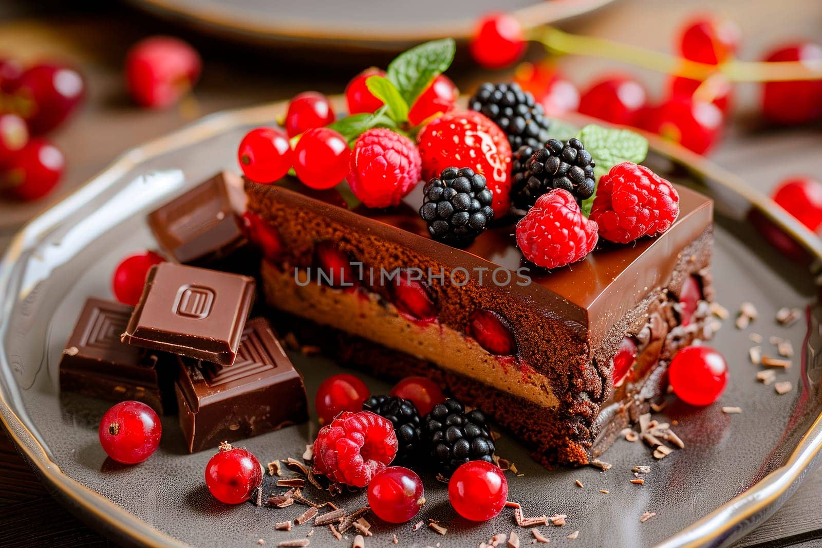 Delicious chocolate cake with chocolate glaze and fresh berries on a  plate. AI generated