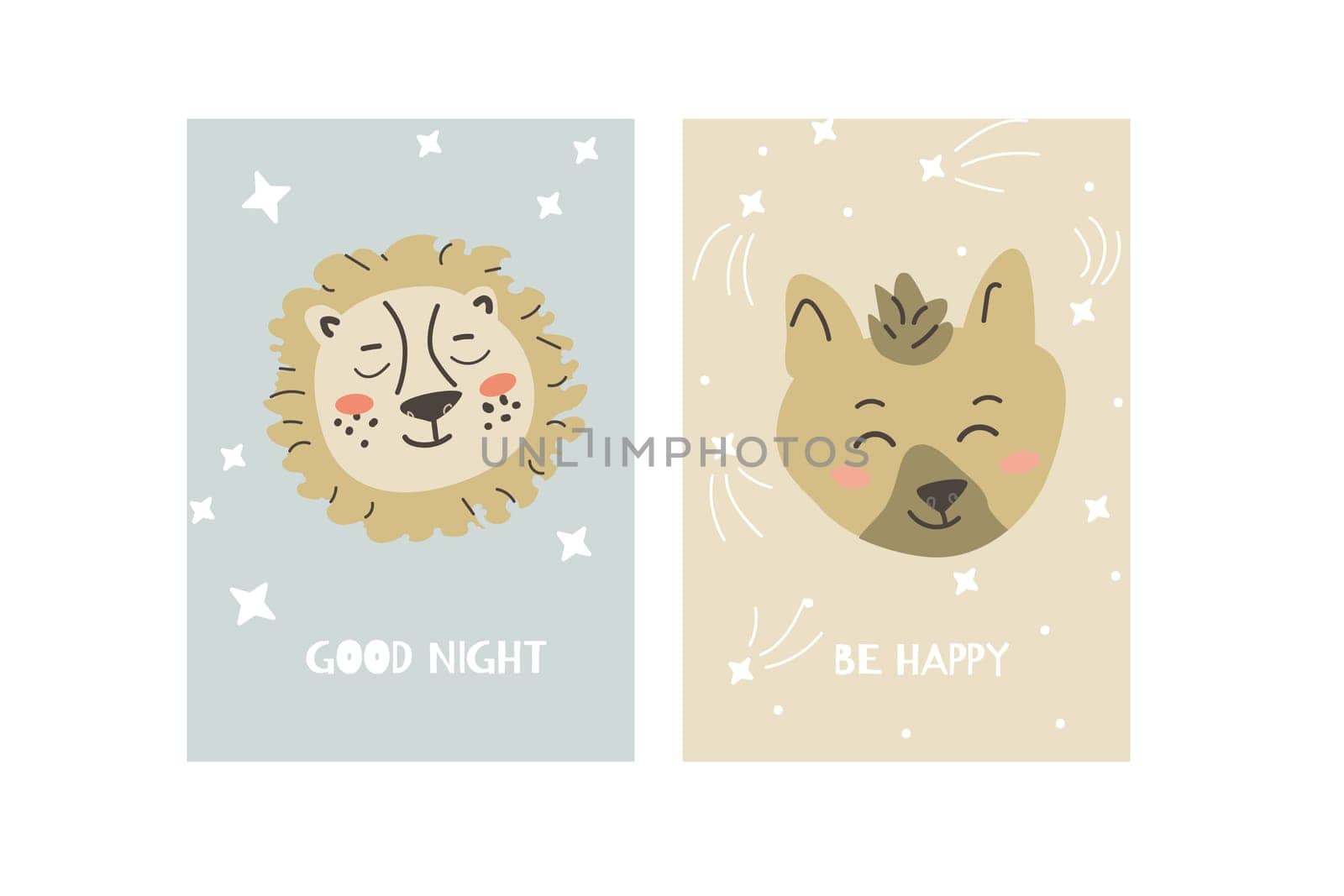 African animals faces posters. Cute kids posters for nursery interior. Can used for greeting cards. Lion and hyena cartoon characters.