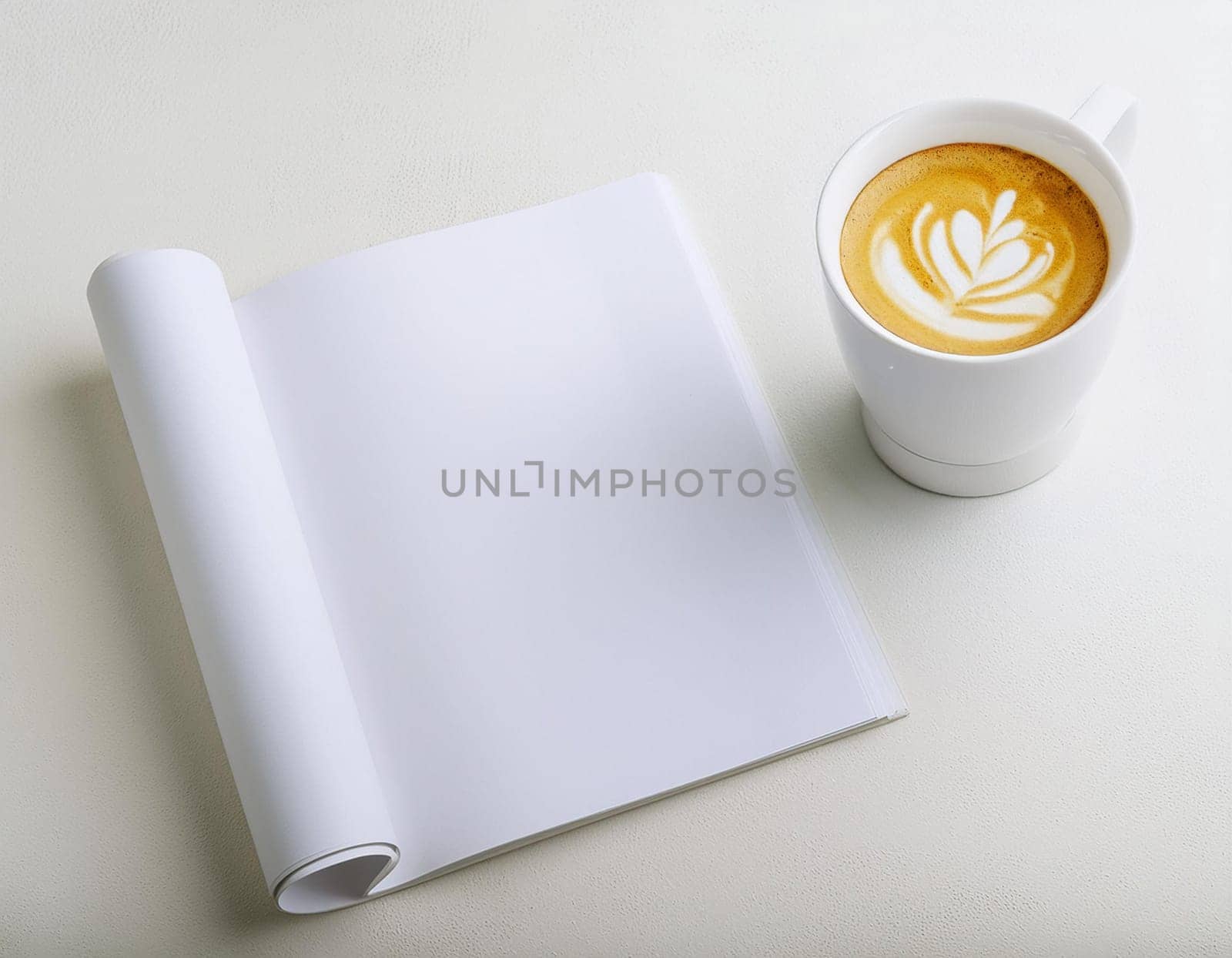 Office table with empty notebook and coffee cup flower vase