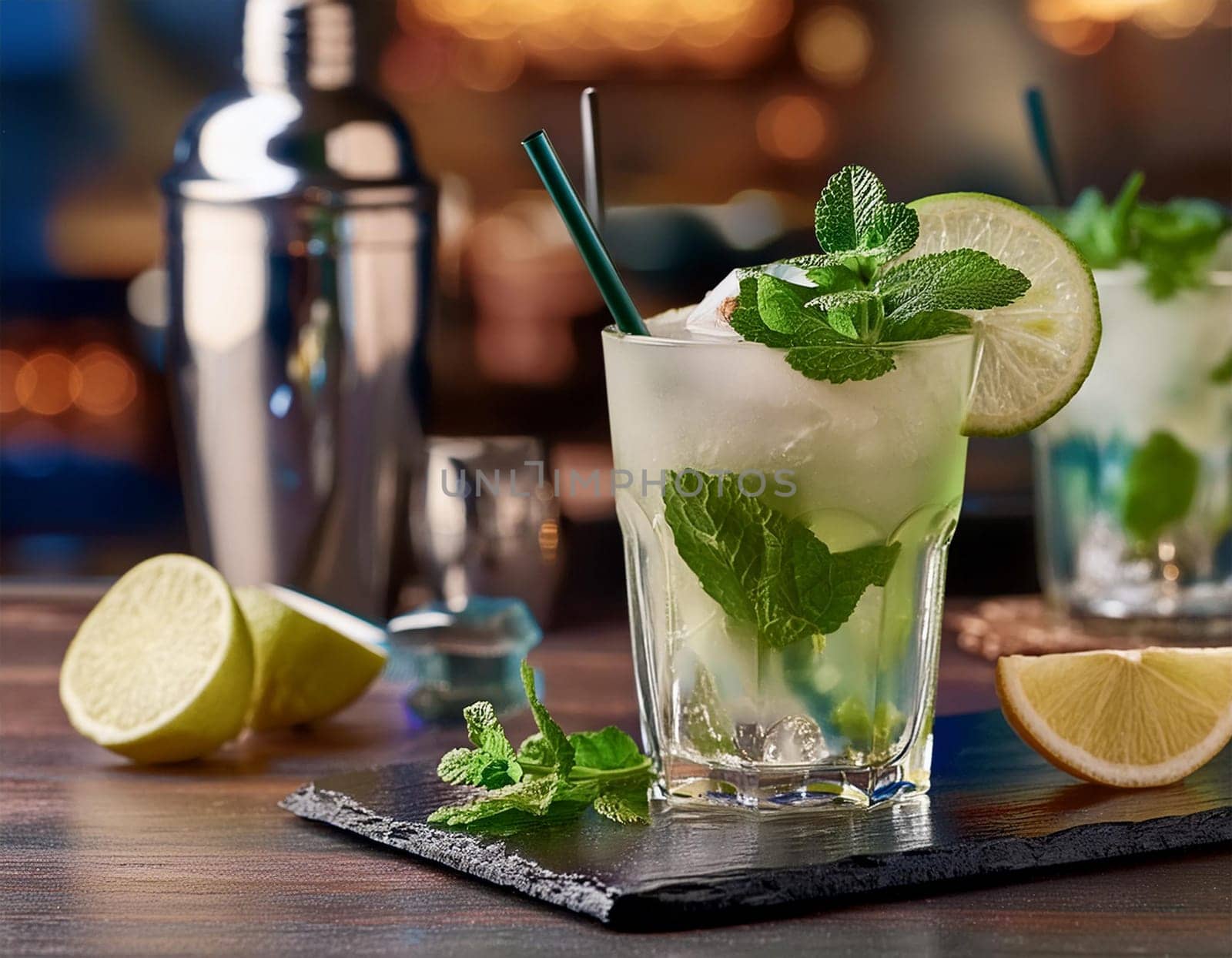Mojito cocktail with ice cubes in cocktail shaker on black slate board