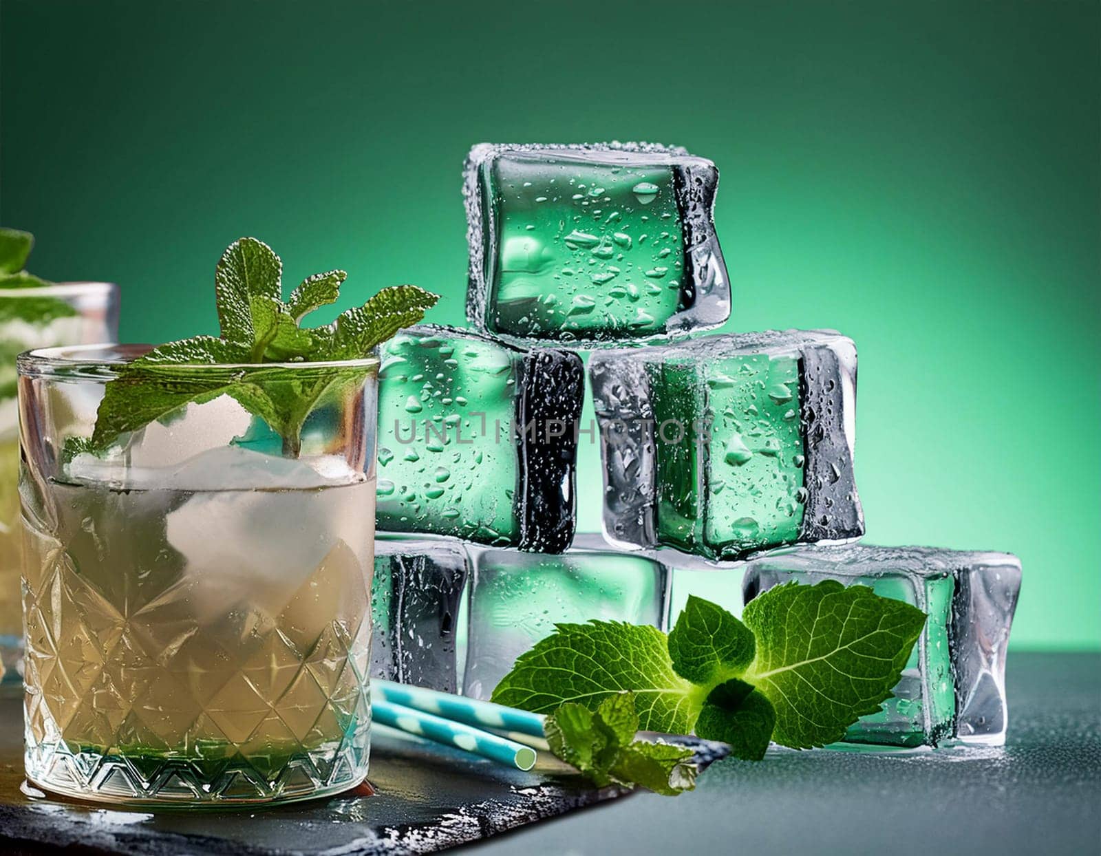 Mojito cocktail with ice cubes in cocktail shaker on black slate board