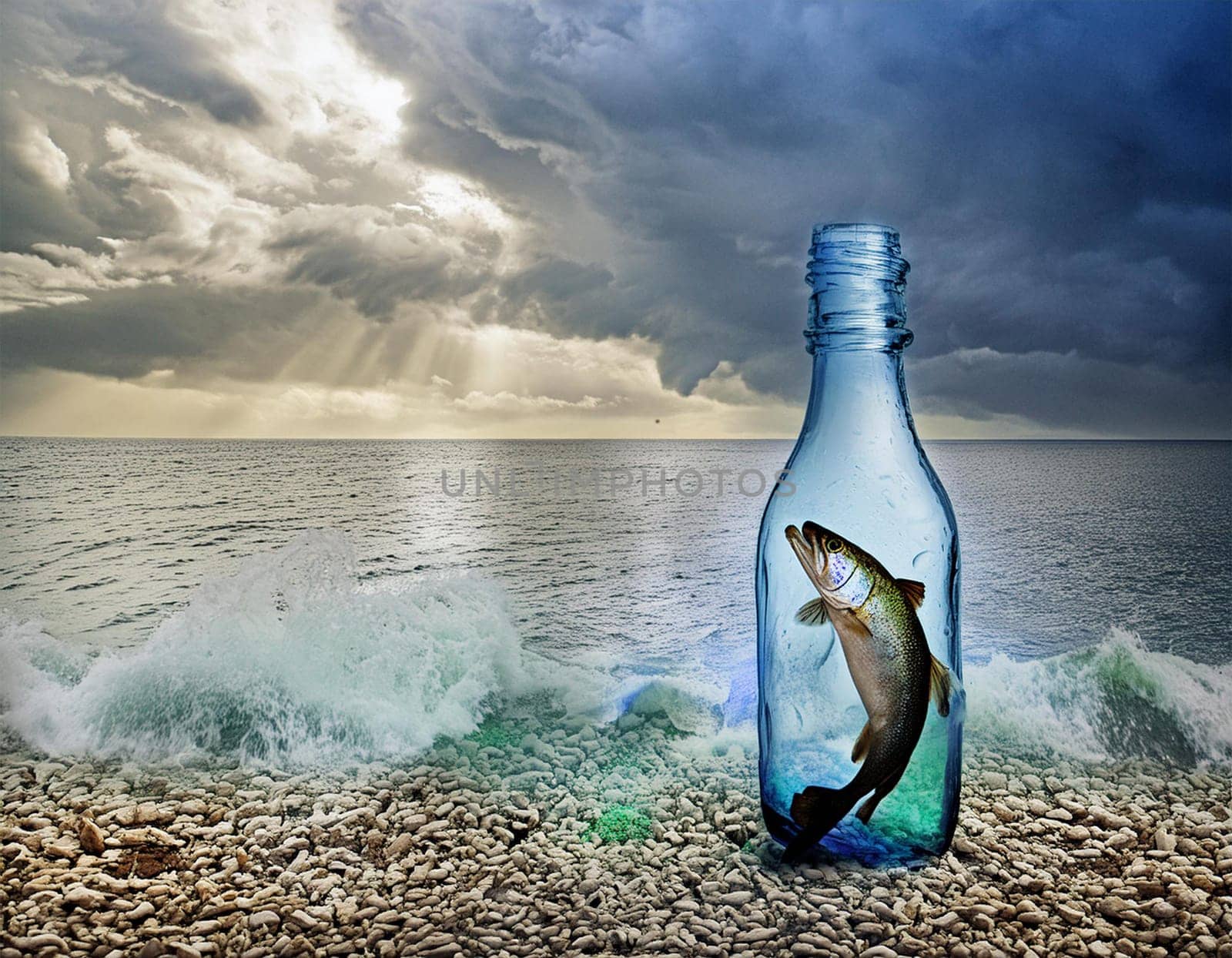 Environmental pollution sea of water, fish in bottle message in a bottle