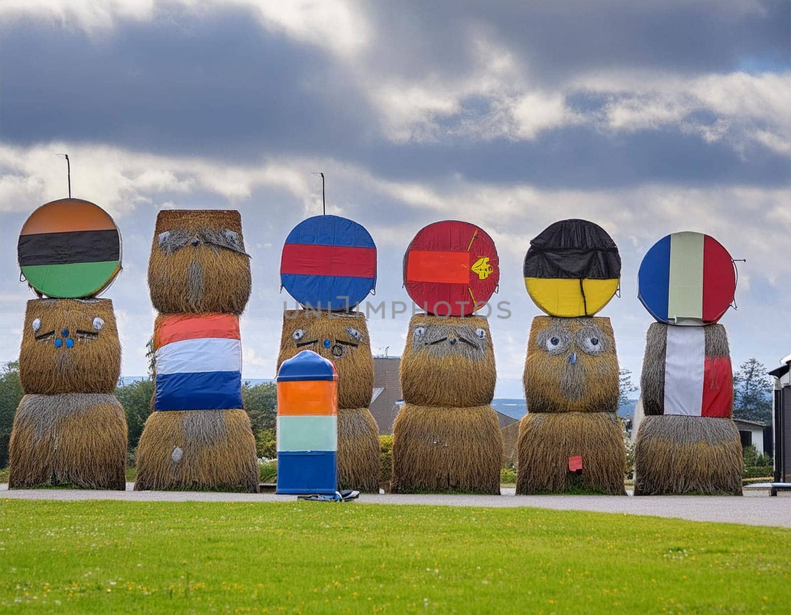 Funny figures made of straw bales on the background of a winter forest and field