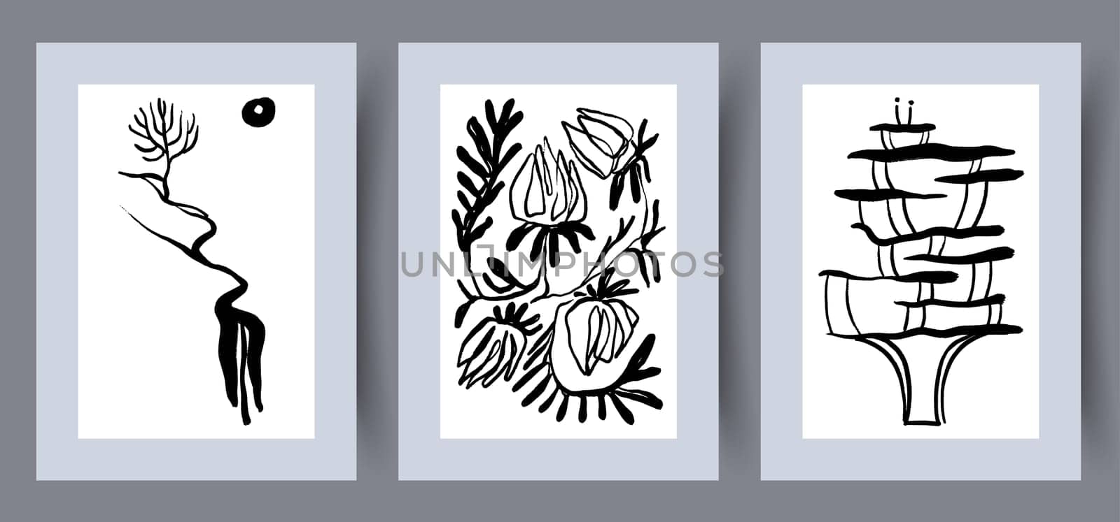 Still life flowers floral tree wall art print. Bundle, collection. Printable minimal abstract flowers poster. Contemporary decorative background with tree. Wall artwork for interior design.