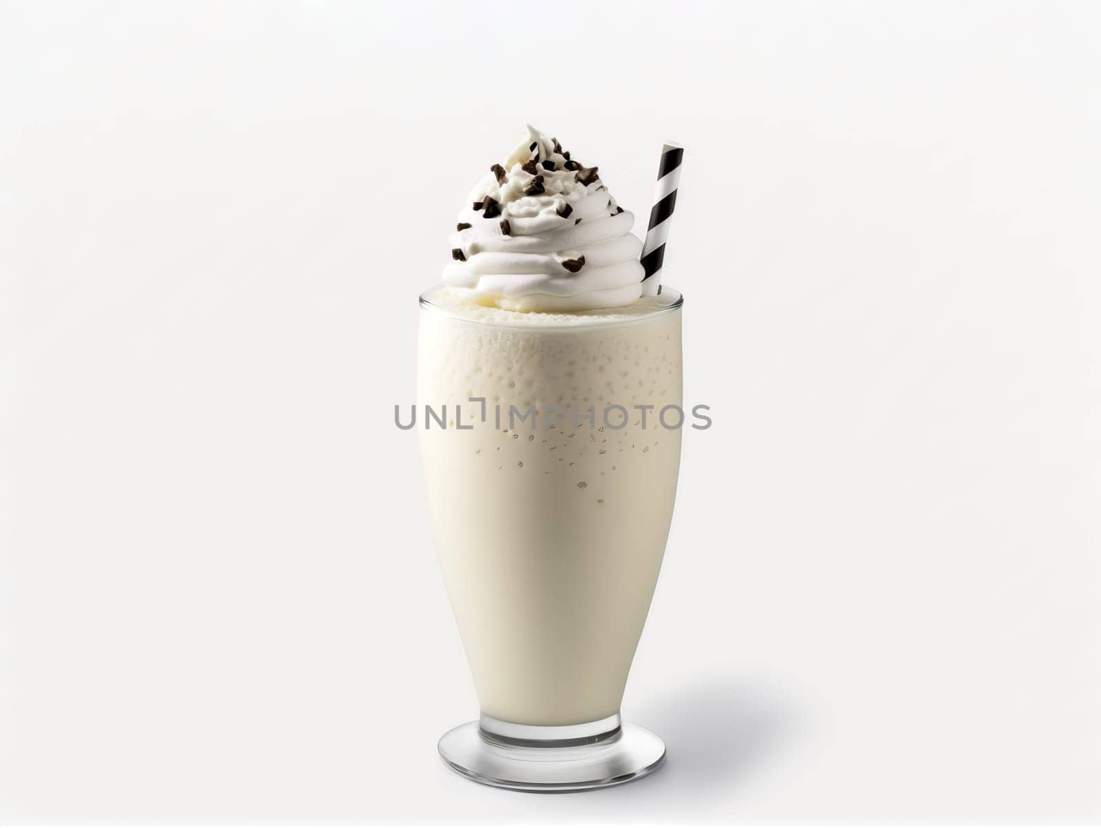A delightful vanilla milkshake topped with whipped cream and chocolate sprinkles, served in a classic tall glass.