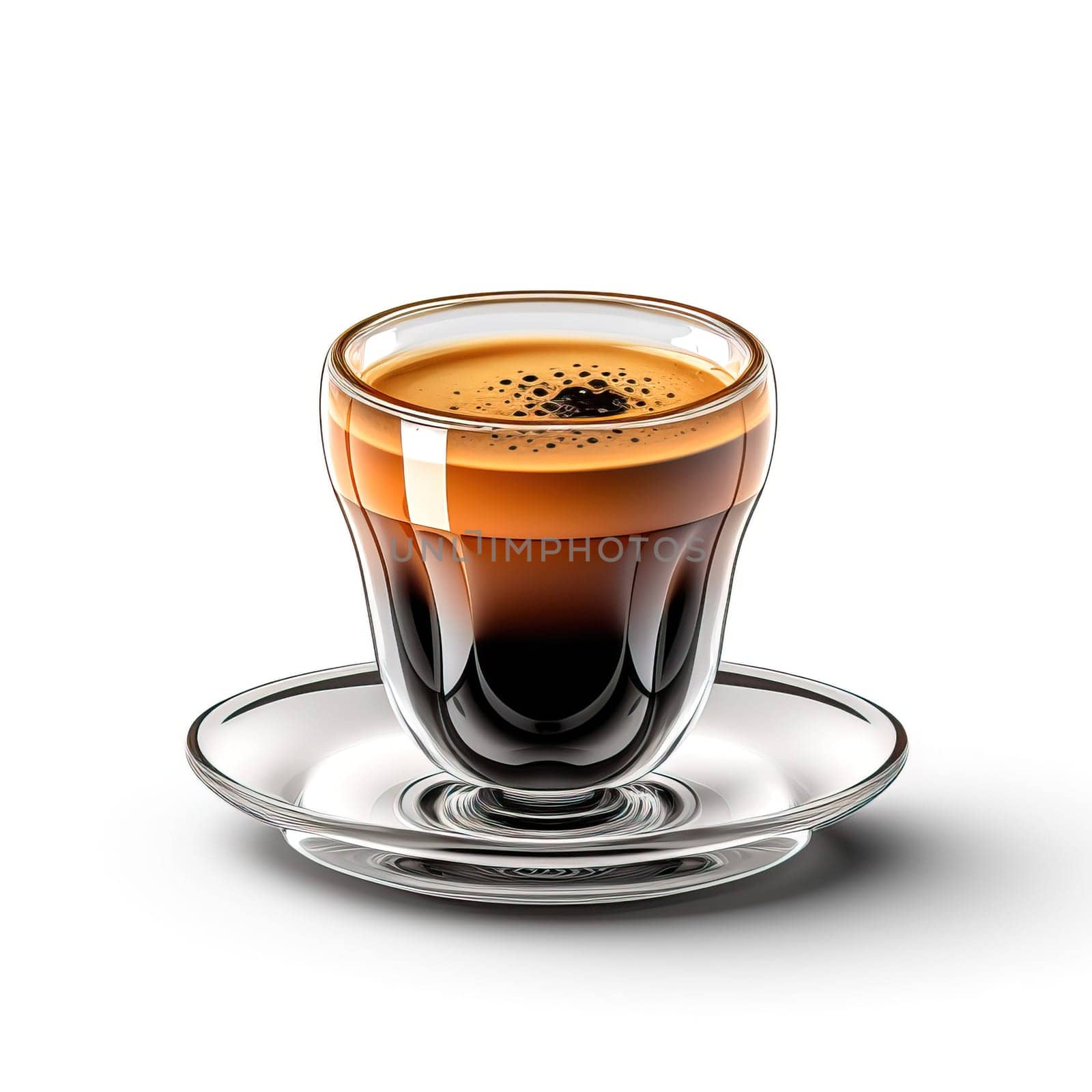 Elegant Espresso in a Glass Cup. An espresso shot beautifully served in a transparent glass cup, perfect for appreciating the rich color and texture of finely brewed coffee.