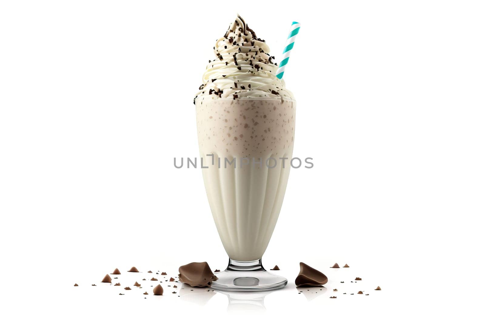 A creamy cookies and cream milkshake garnished with whipped cream and cookie crumbs, served in a traditional milkshake glass.on a white background