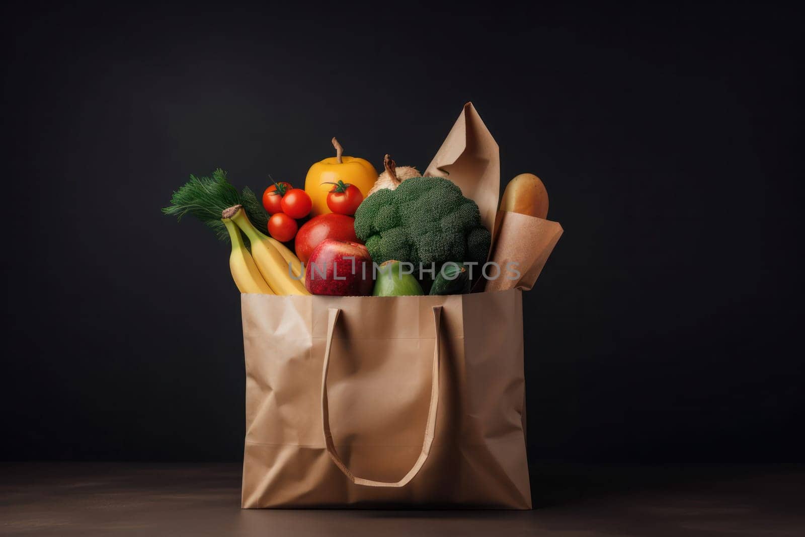 A grocery bag filled with a variety of fresh fruits and vegetables, symbolizing health and nutrition.