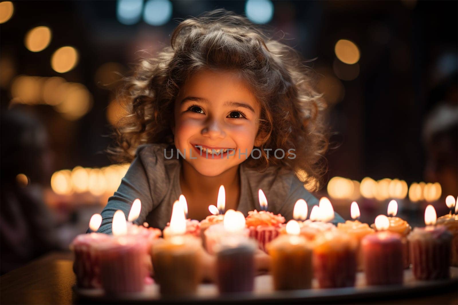 A young girl with curly hair smiling brightly as she leans over a table lit by numerous small candles, creating a warm, festive atmosphere.content related to family celebrations or children's events.