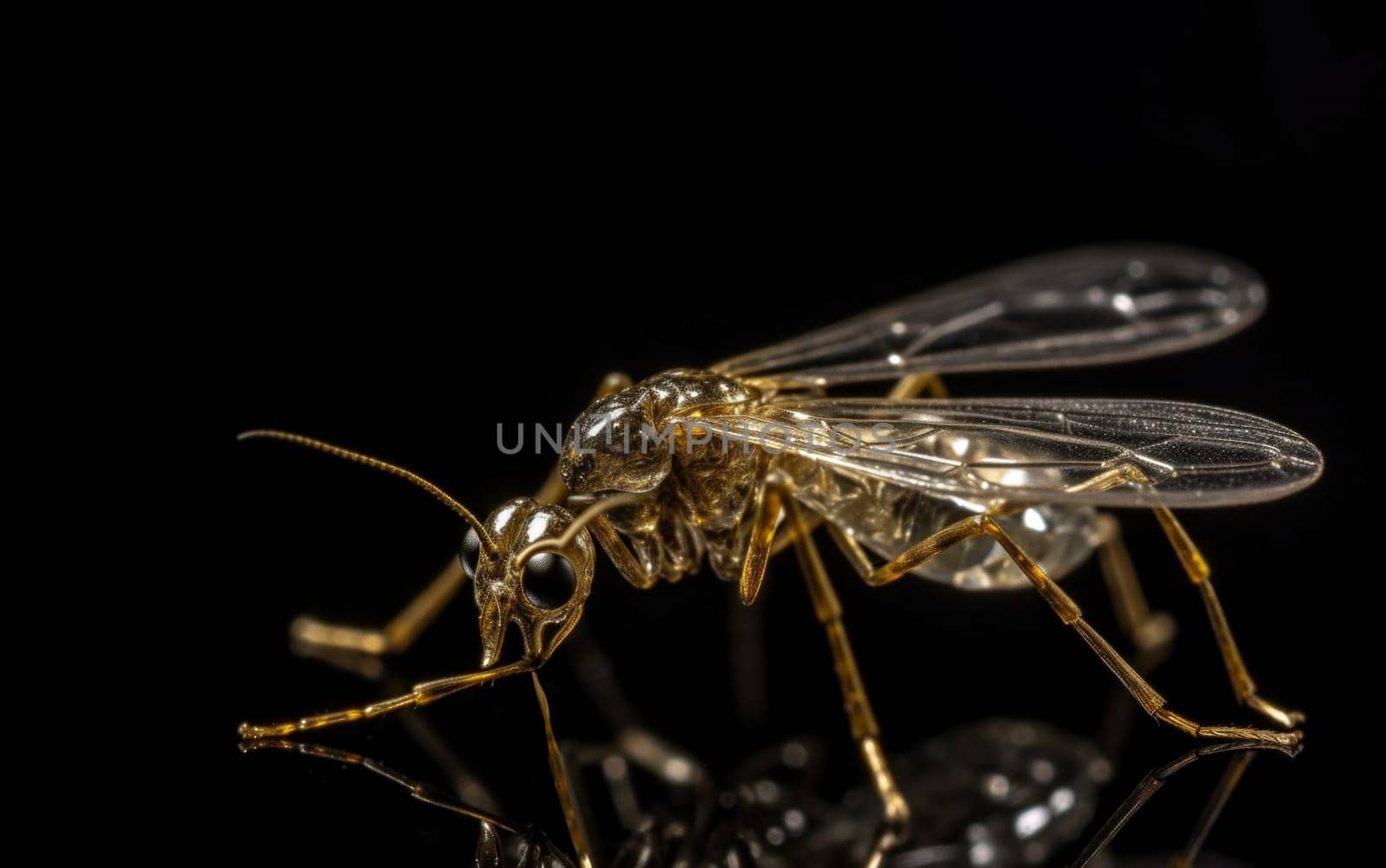 An extremely detailed macro shot of a decoration in the shape of a winged insect against a black background, highlighting the intricate patterns of its wings and body.