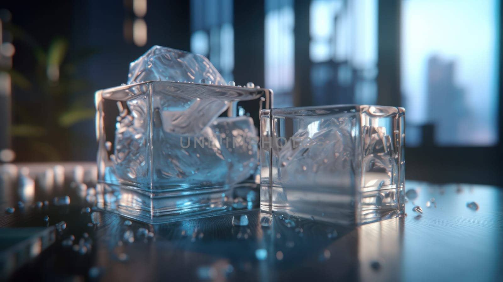 .An image of melting ice cubes on a reflective surface, conveying the fleeting beauty of ice.
