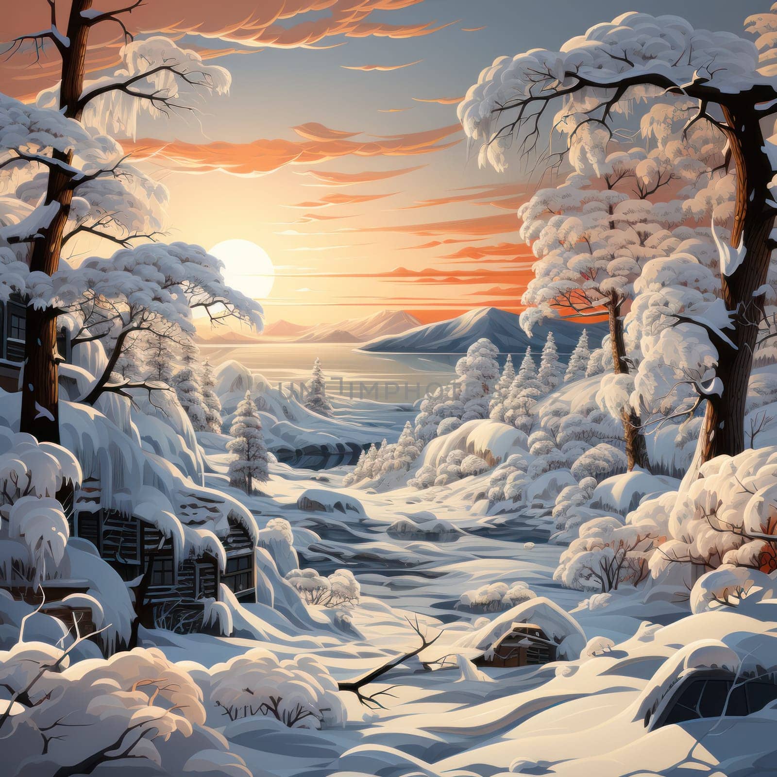 Picturesque winter scene showcasing a snowy forest bathed in the warm glow of a sunrise