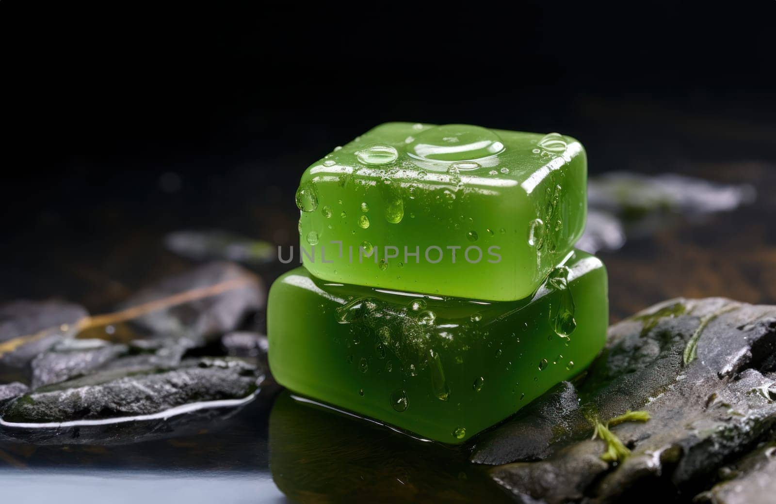 Fresh Aloe Vera Soap on Natural Rocks.Two vibrant green aloe vera soap bars, glistening with moisture, on a dark rocky surface.