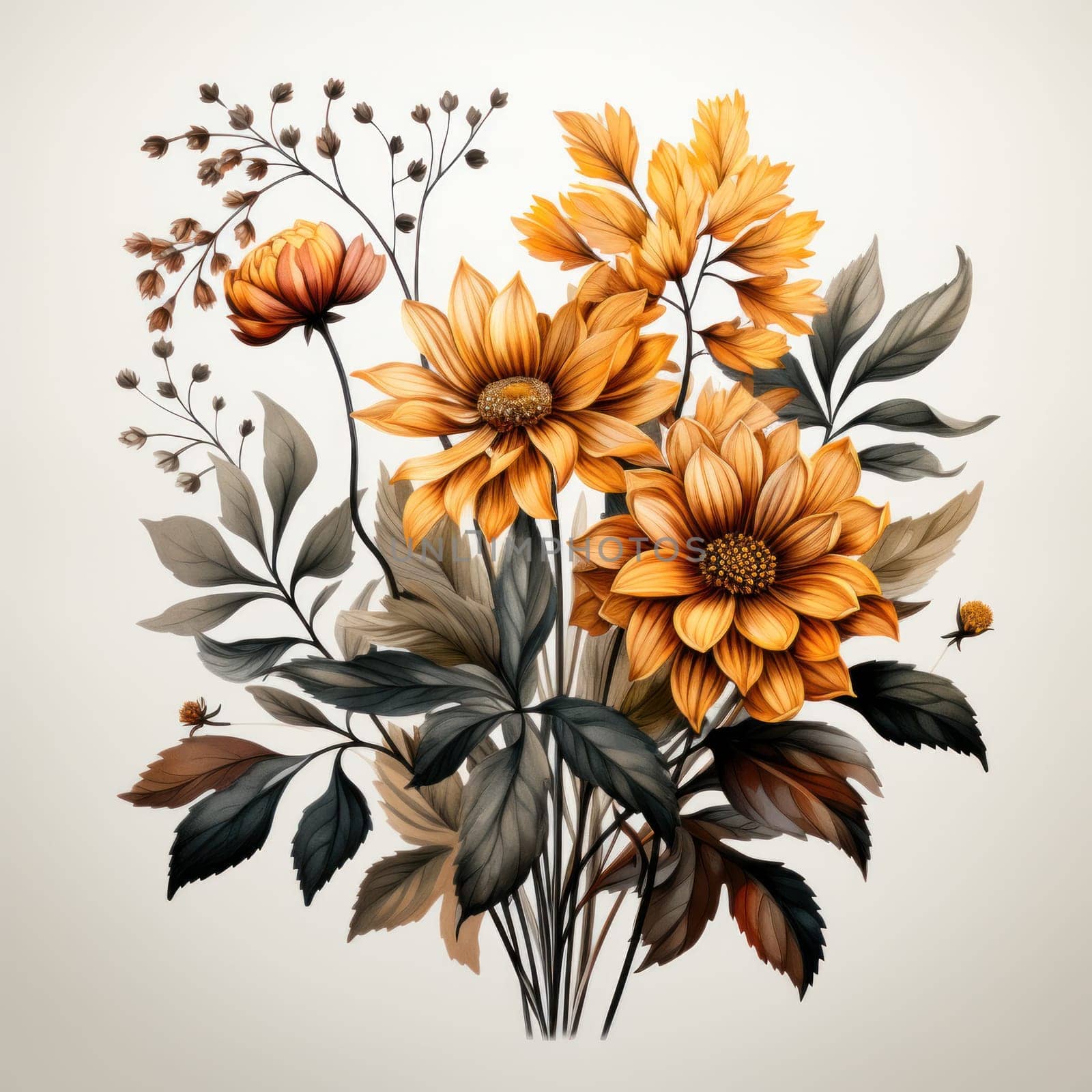 A detailed watercolor painting of golden flowers and dark foliage, ideal for elegant decor or wallpapers.