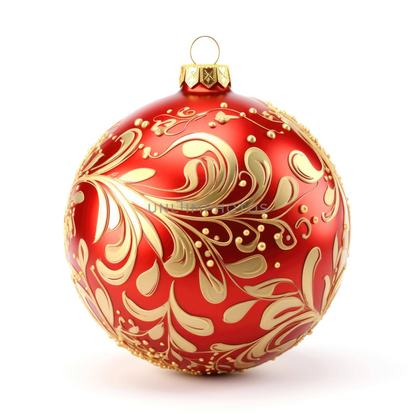 Detailed red Christmas ornament with gold swirls on a white background.