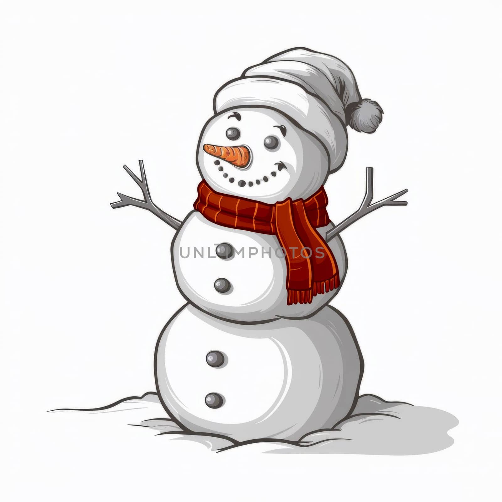 A cheerful snowman wearing a red scarf and hat, smiling joyfully, on a plain white background.