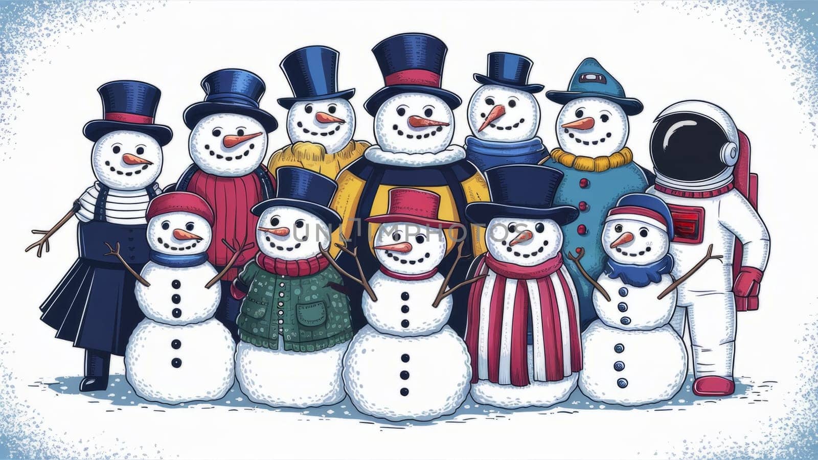 A charming group of snowmen in various classic outfits, including one in an astronaut suit, against a speckled blue background. AI-generated.