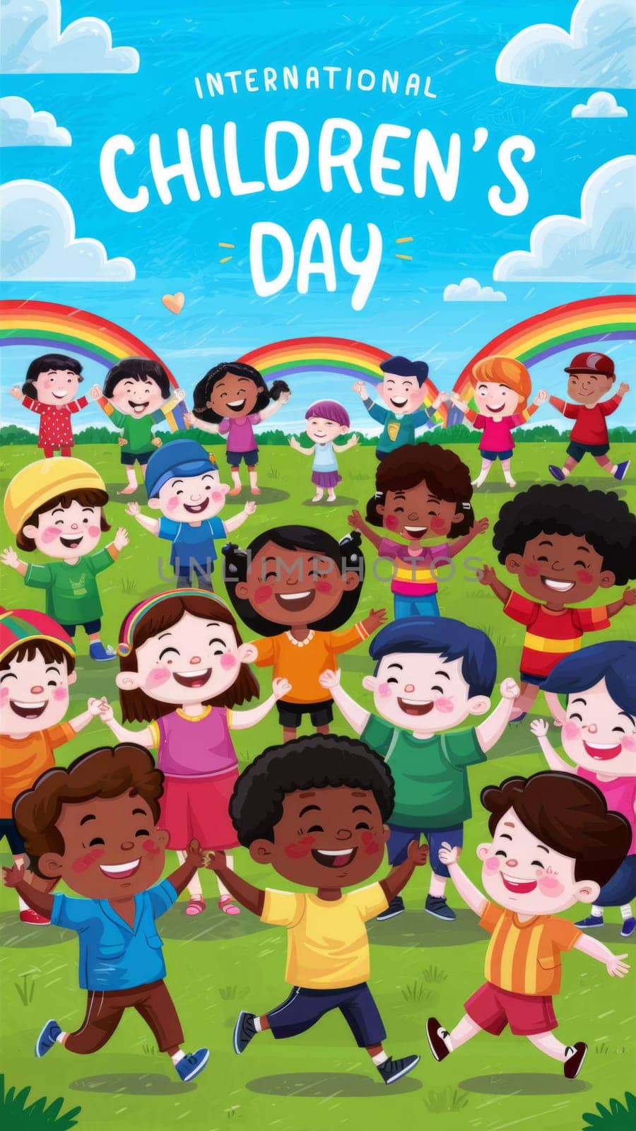 Vibrant illustration of diverse children celebrating International Children's Day under a rainbow. AI-generated.