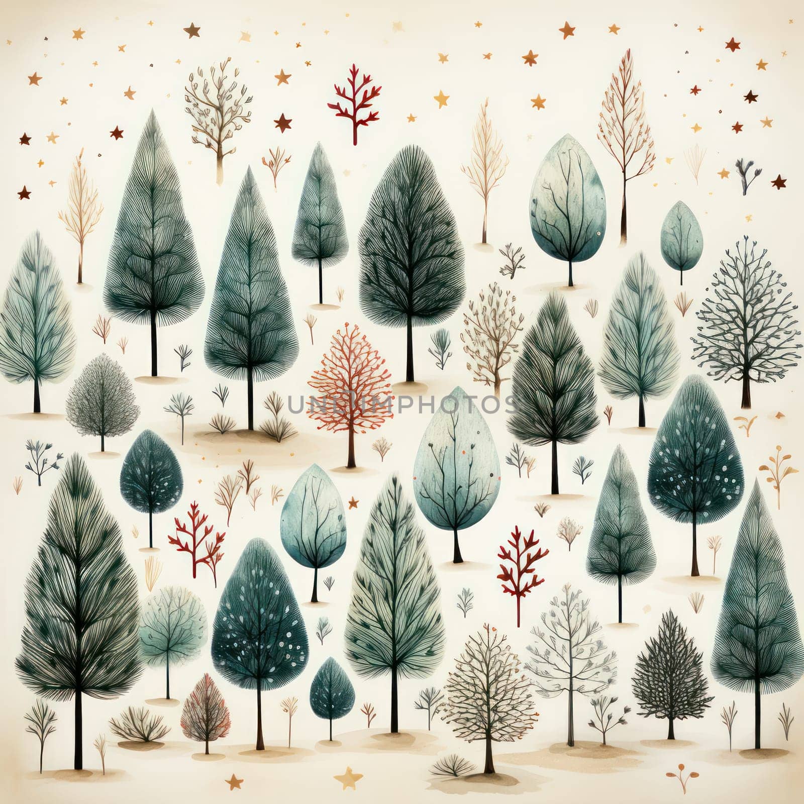 An artistic portrayal of a diverse collection of winter trees, showcasing various shapes and shades of blues and greens with subtle snow details.Suitable for wrapping paper or cards