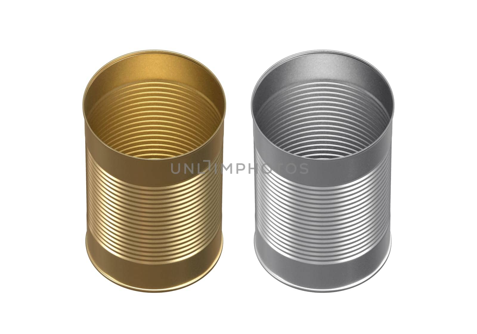 Open metal can on white background