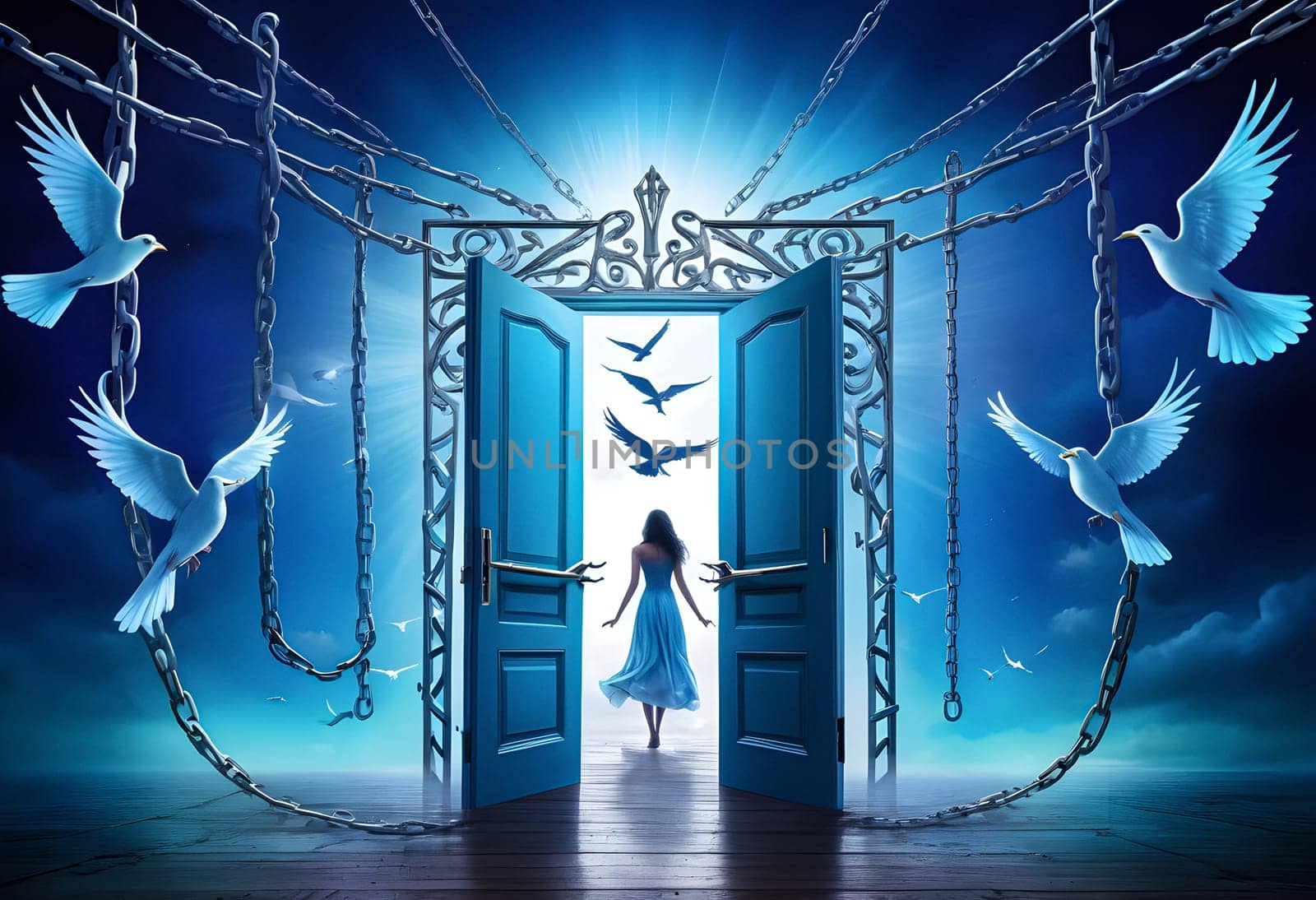 AI generated of a woman standing in front of an open door with chains and birds flying arround it