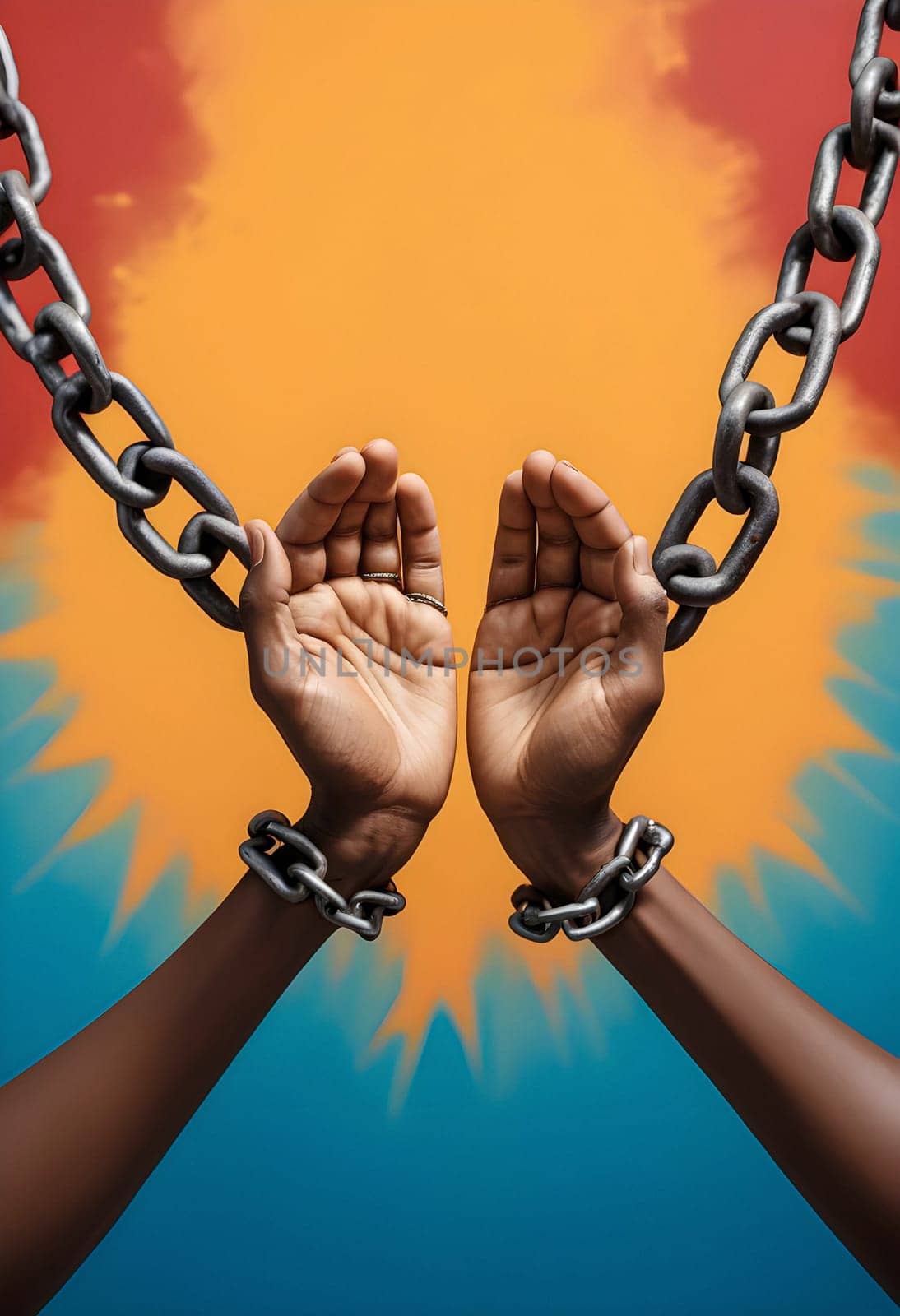 AI generated of two hands are chained together with chains on a colorful background