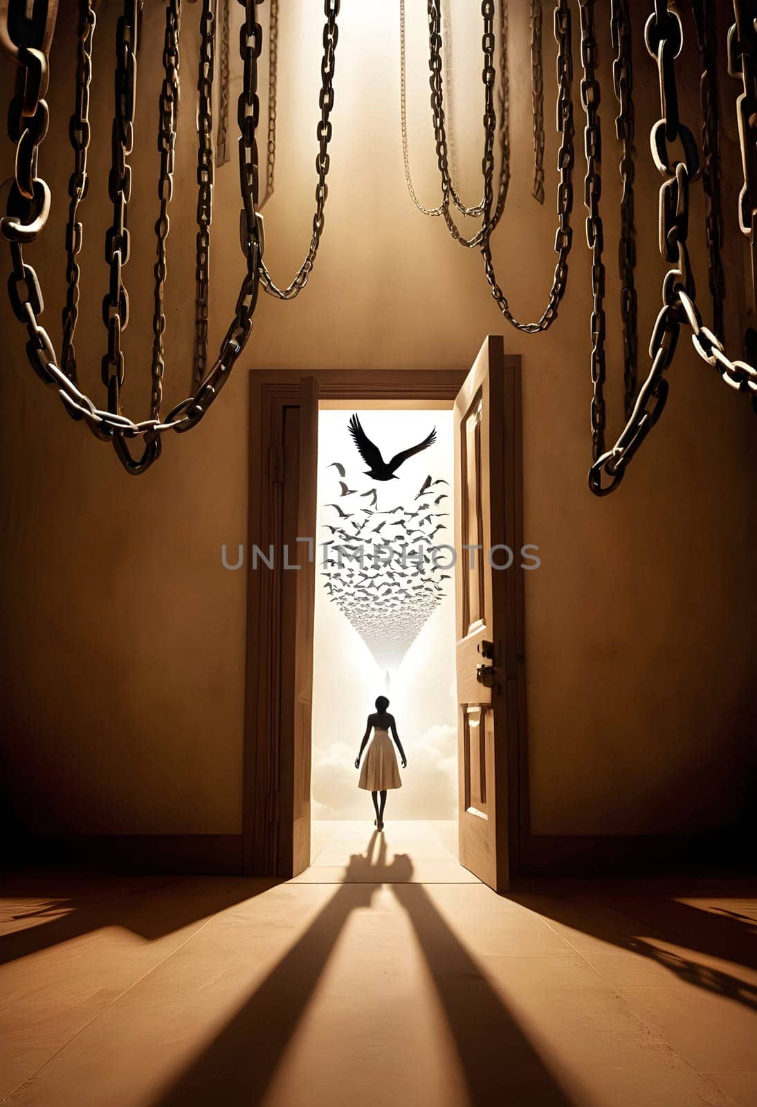AI generated of the girl is standing in front of a door with chains hanging from it
