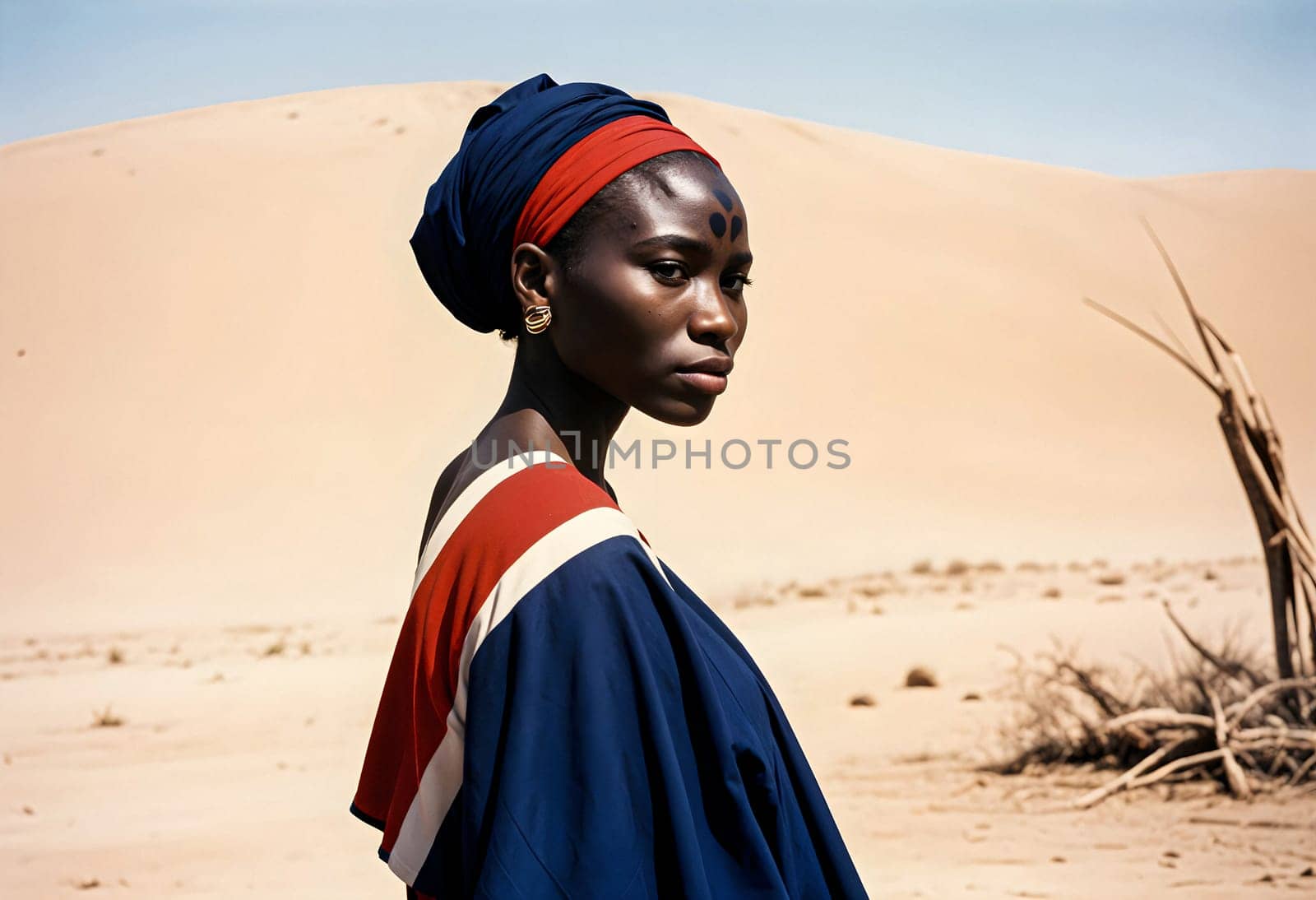 AI generated of a woman in a traditional dress stands in the desert