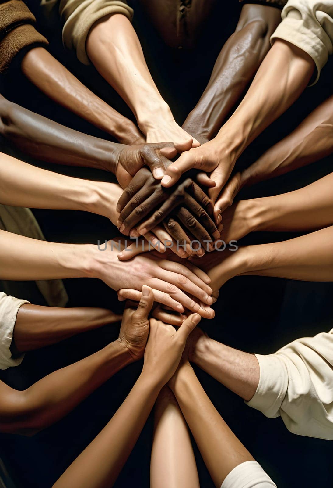 AI generated of a group of people in diversity with their hands holding together