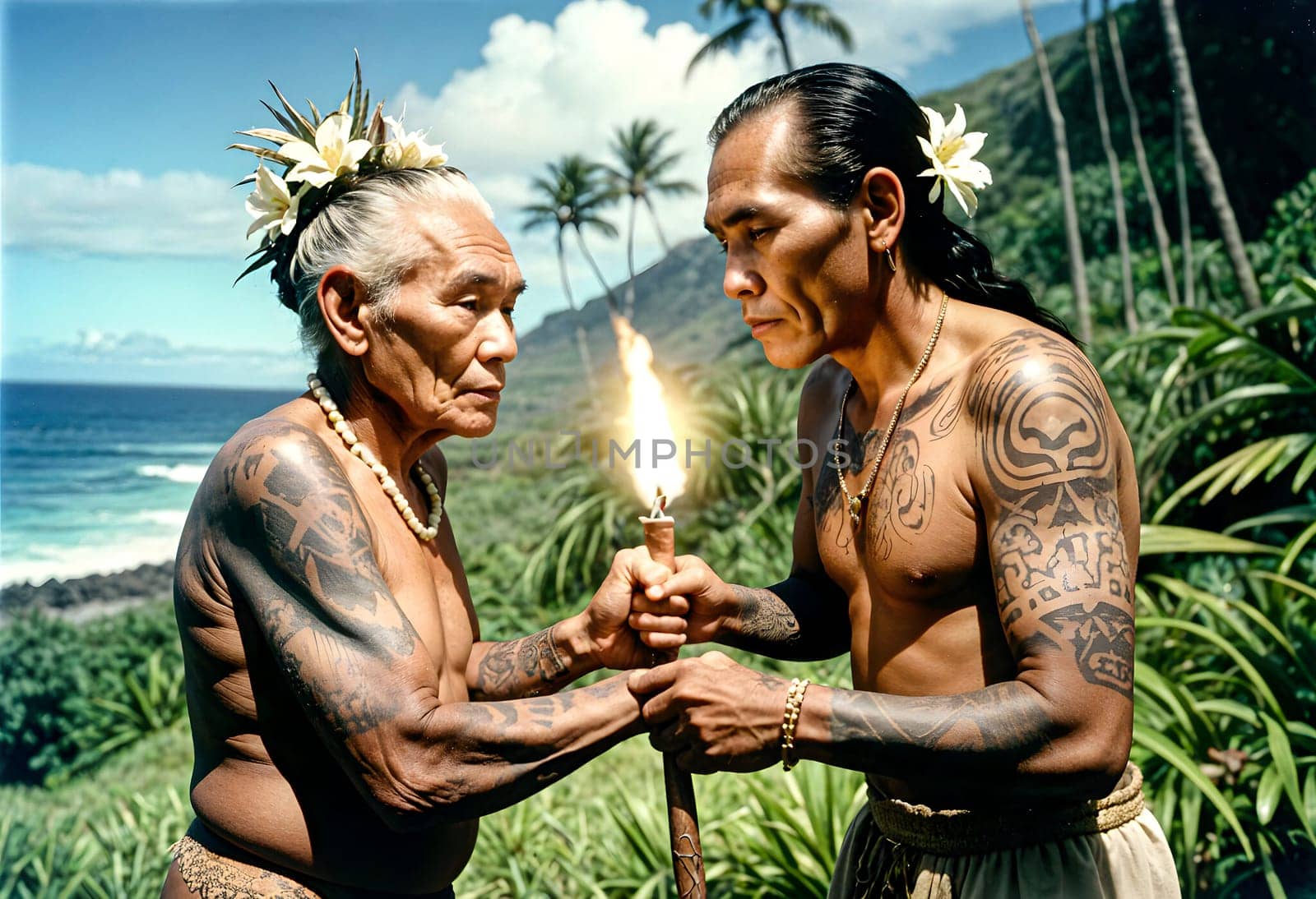 AI generated of two men with tattoos holding torches in front of the ocean