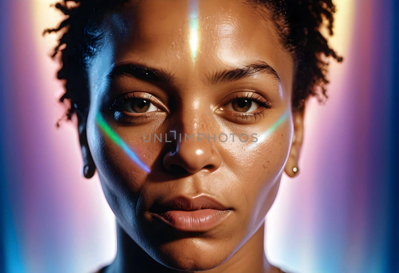 AI generated of a woman with a rainbow light on her face and a black background with a rainbow light in the middle