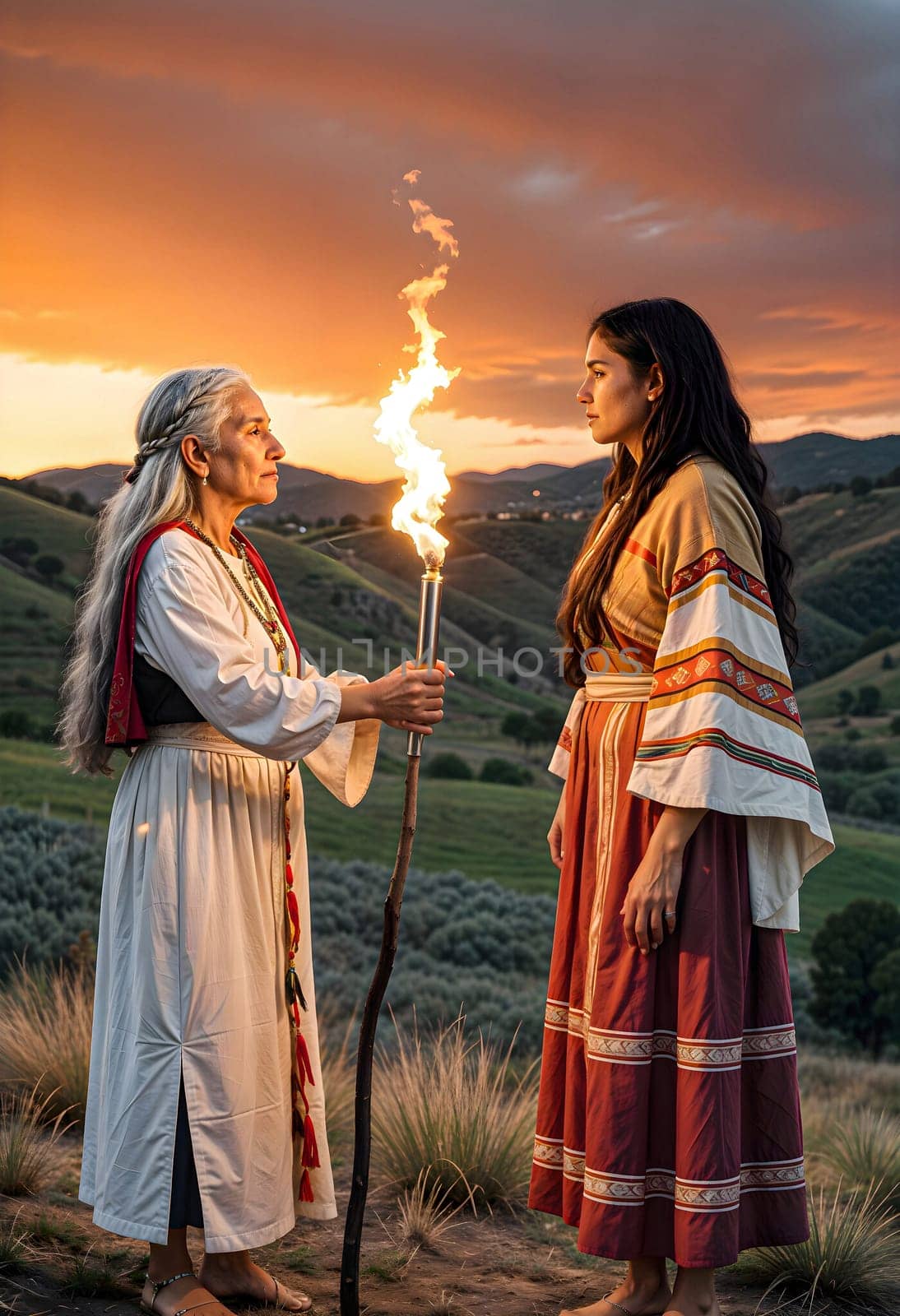 AI generated of a senior woman holds and passing a torch in front of a youth woman in traditional clothing