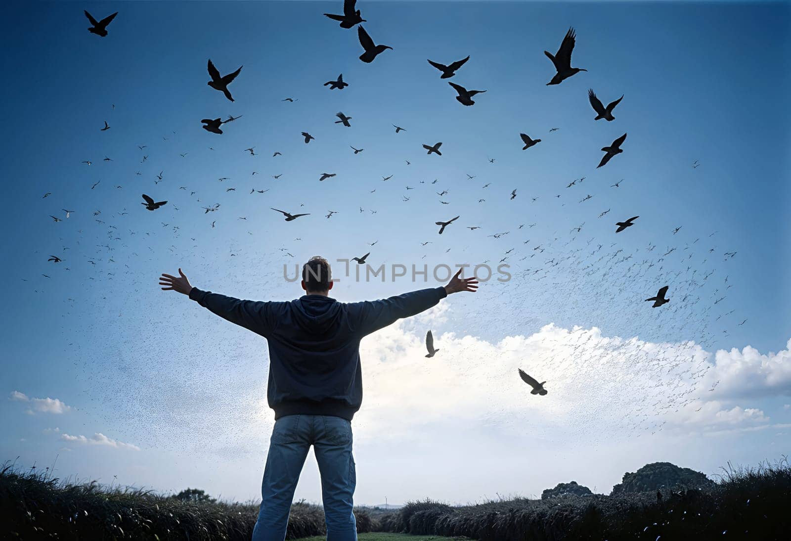 AI generated of a man standing in the middle of a field with his arms outstretched with a flock of birds