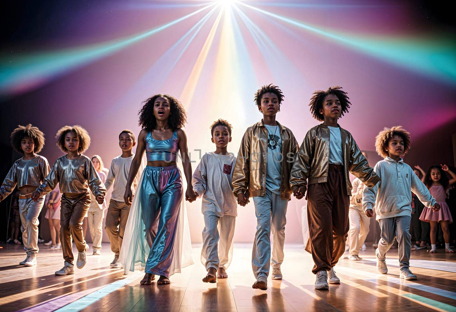 AI generated of a group of children in shiny outfits and pants prepare for dancing in the stage with lights behind