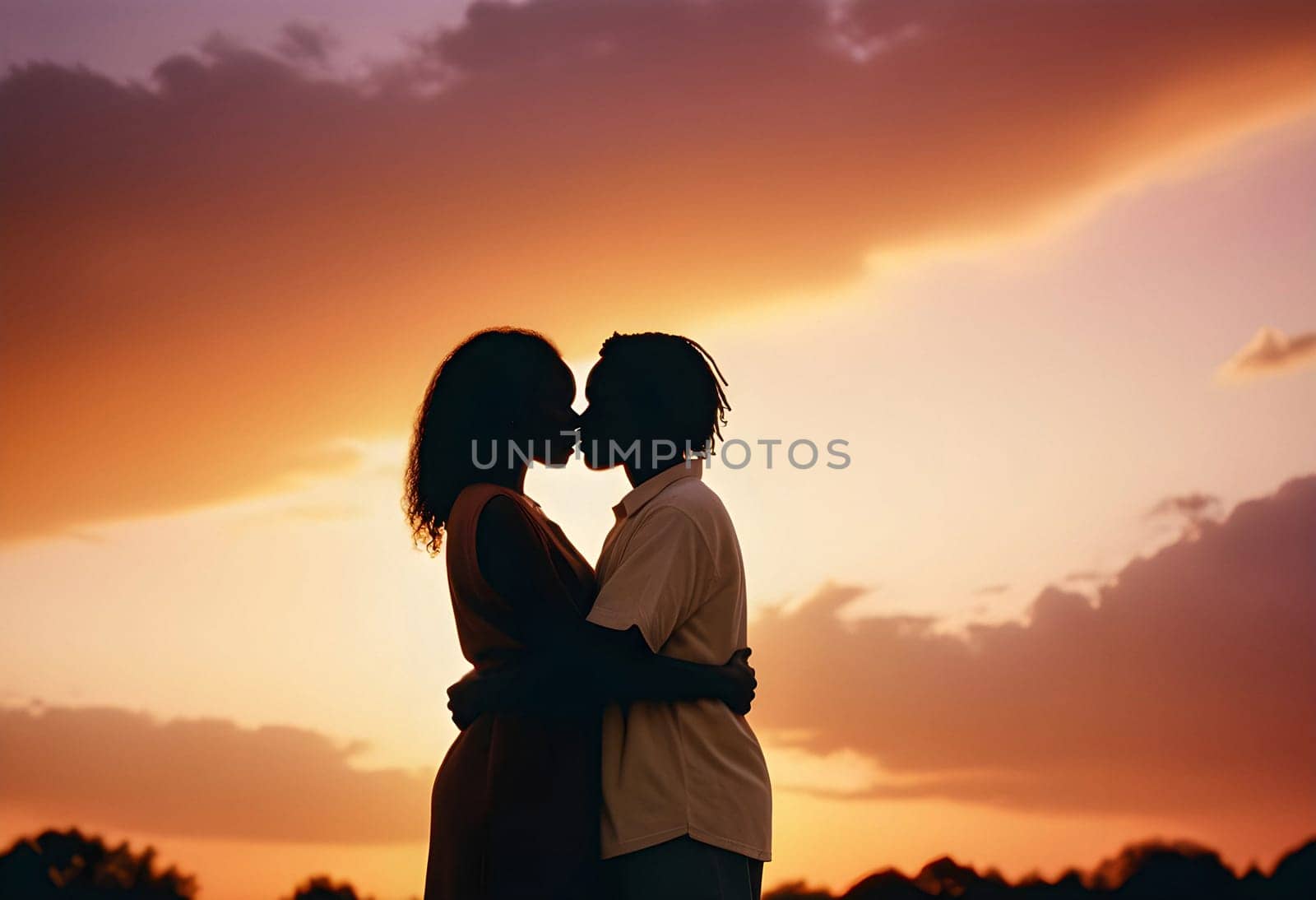 AI generated of a couple is looking at each other and the sky is orange and the sun is setting