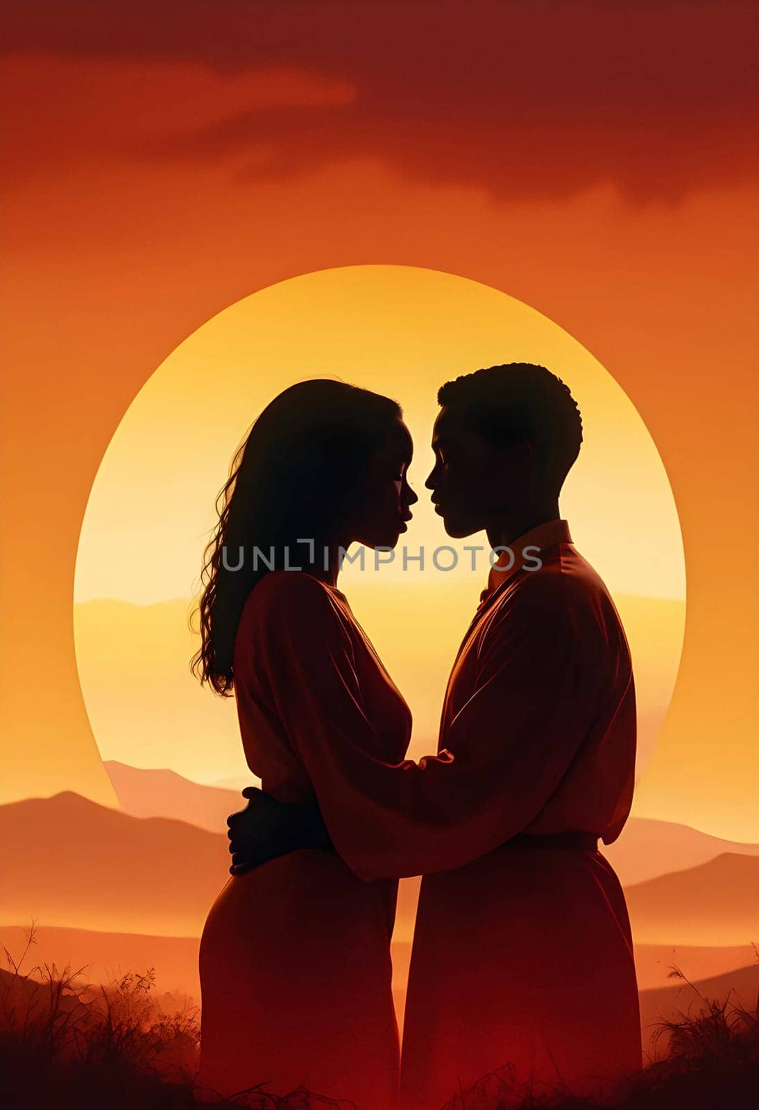 AI generated of the poster for the movie, the couple is in love standing in front of the sun