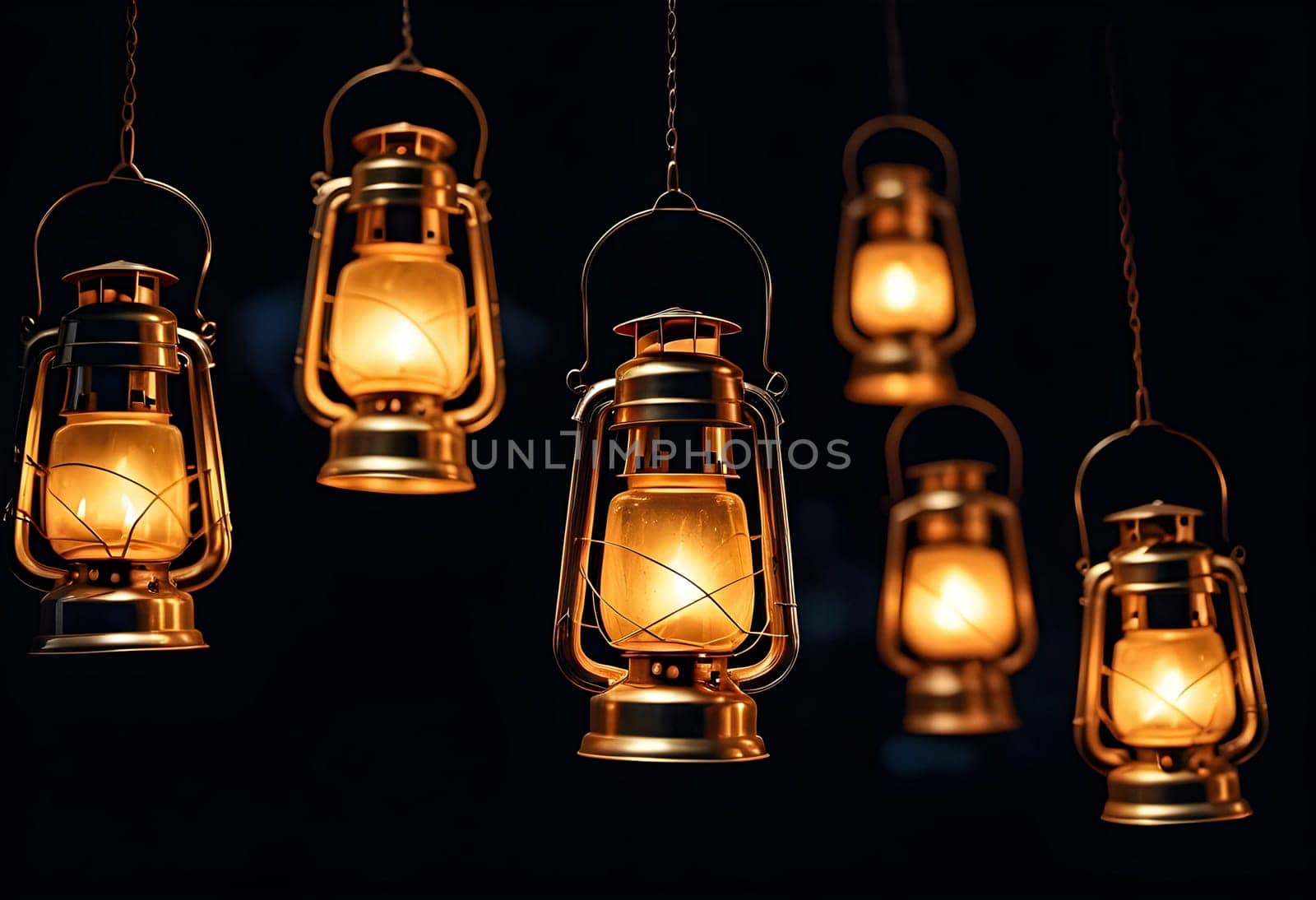 AI generated of a group of old lanterns hanging from the ceiling