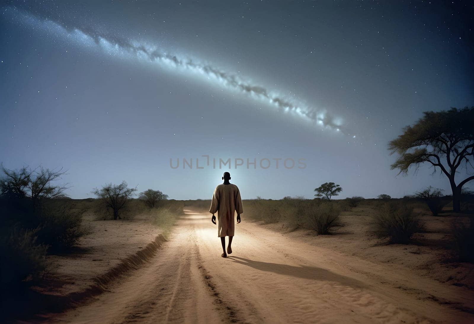 AI generated of a man walking in the desert at night with a milky in the sky