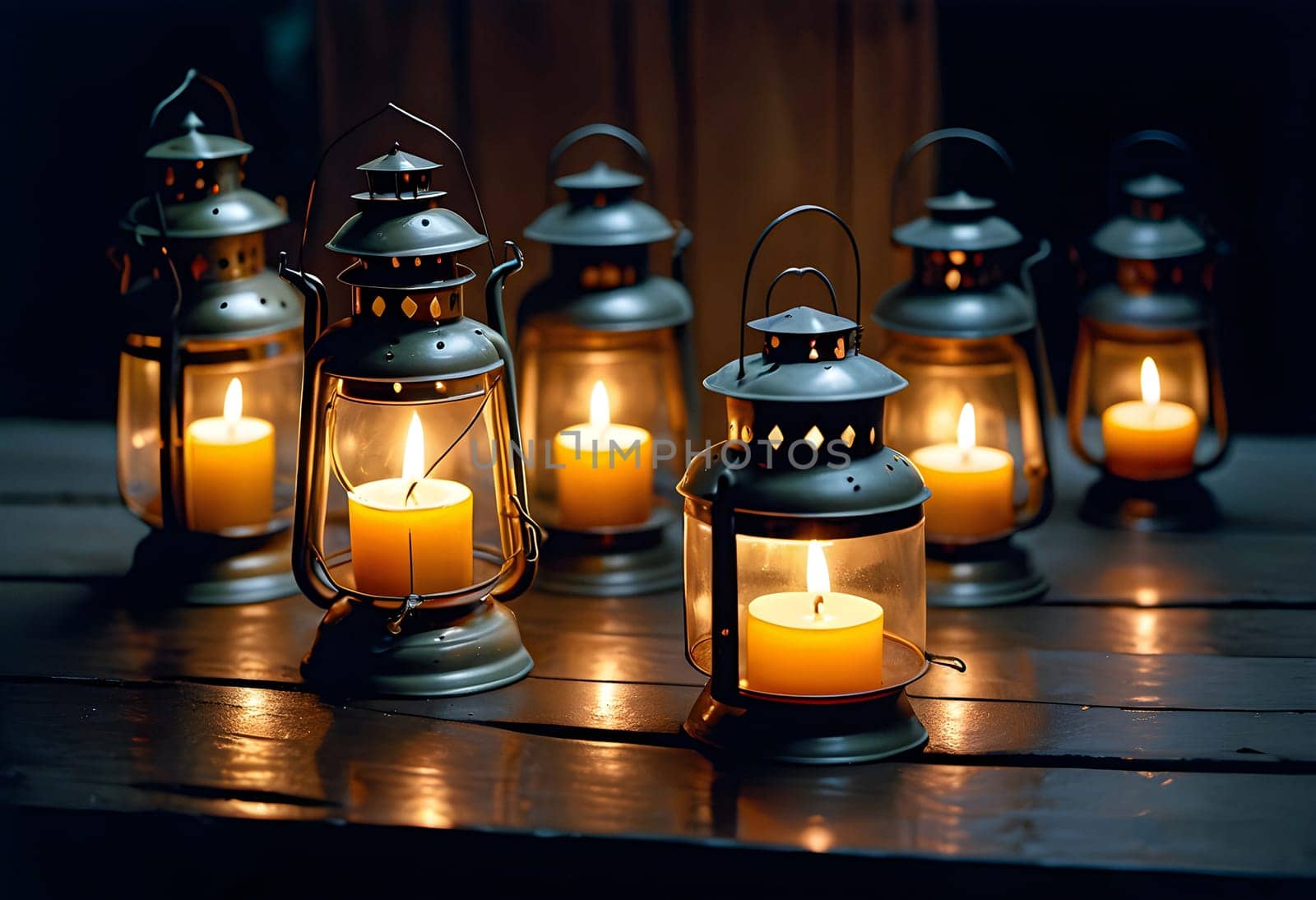 AI generated of a row of lanterns with lit candles