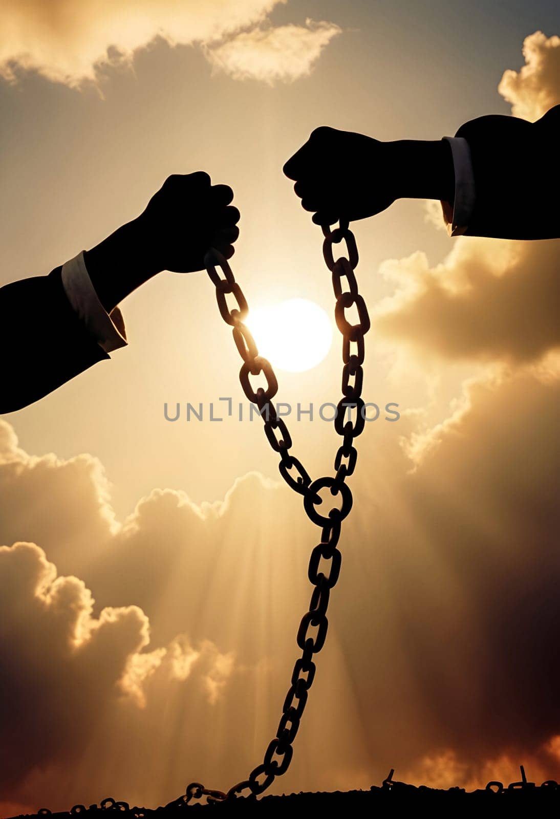 AI generated of two hands holding chains and a sun setting behind them
