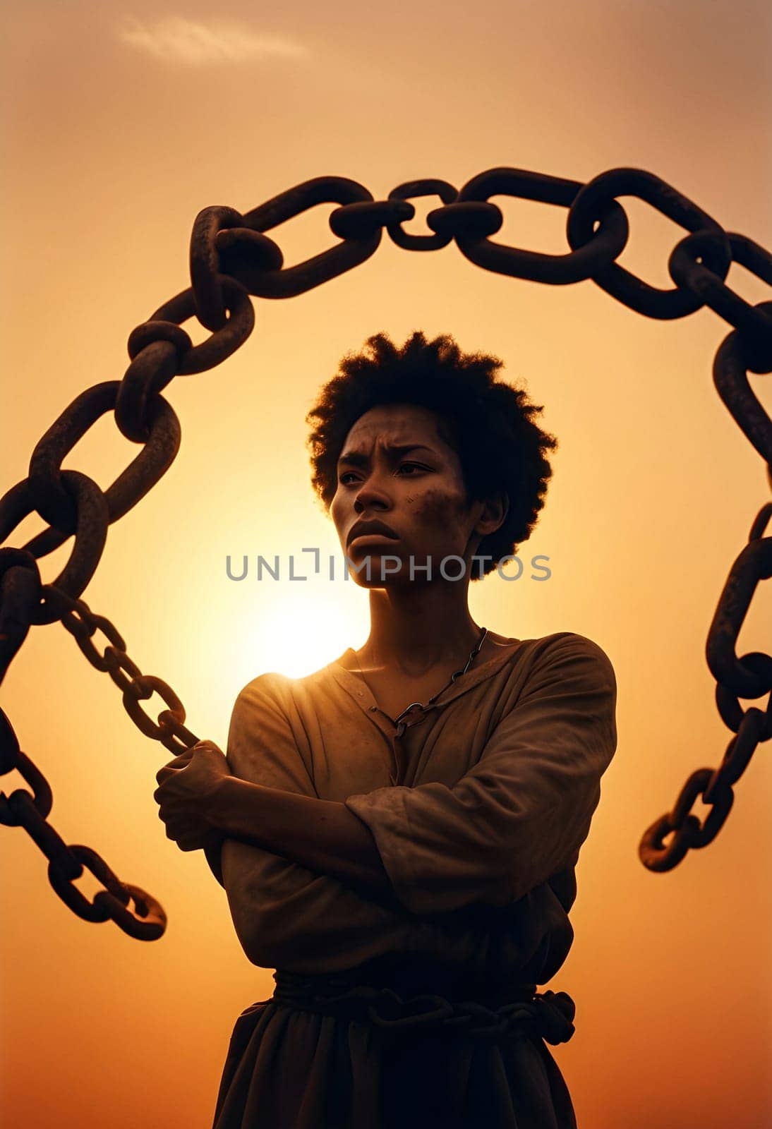 AI generated of a man is standing in front of a chain that has the sun behind him