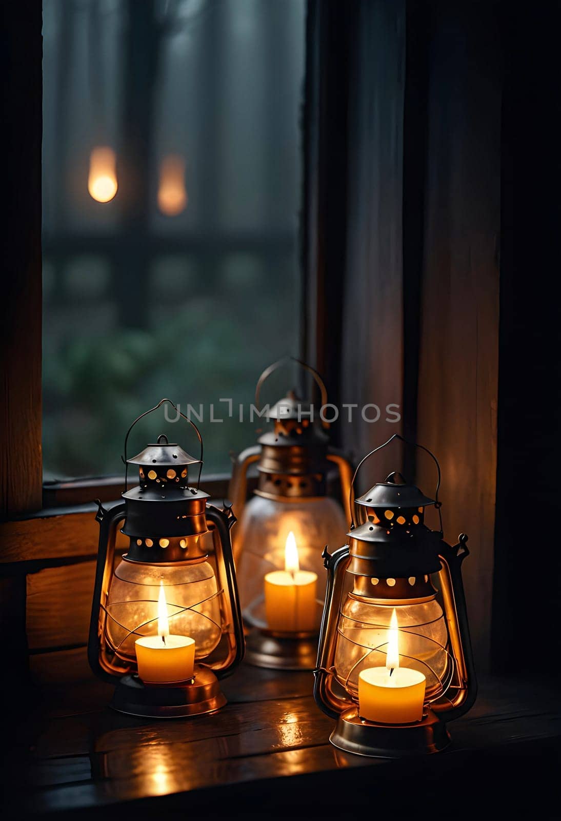 AI generated of three lanterns sit on a window sill in the dark