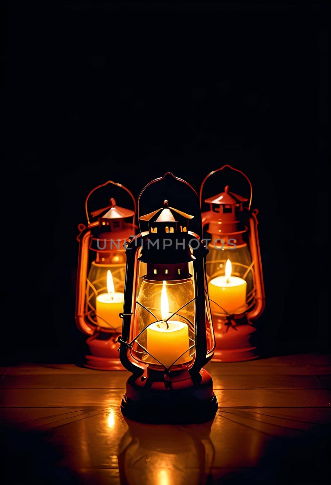 AI generated of three lanterns with lit candles on a dark background