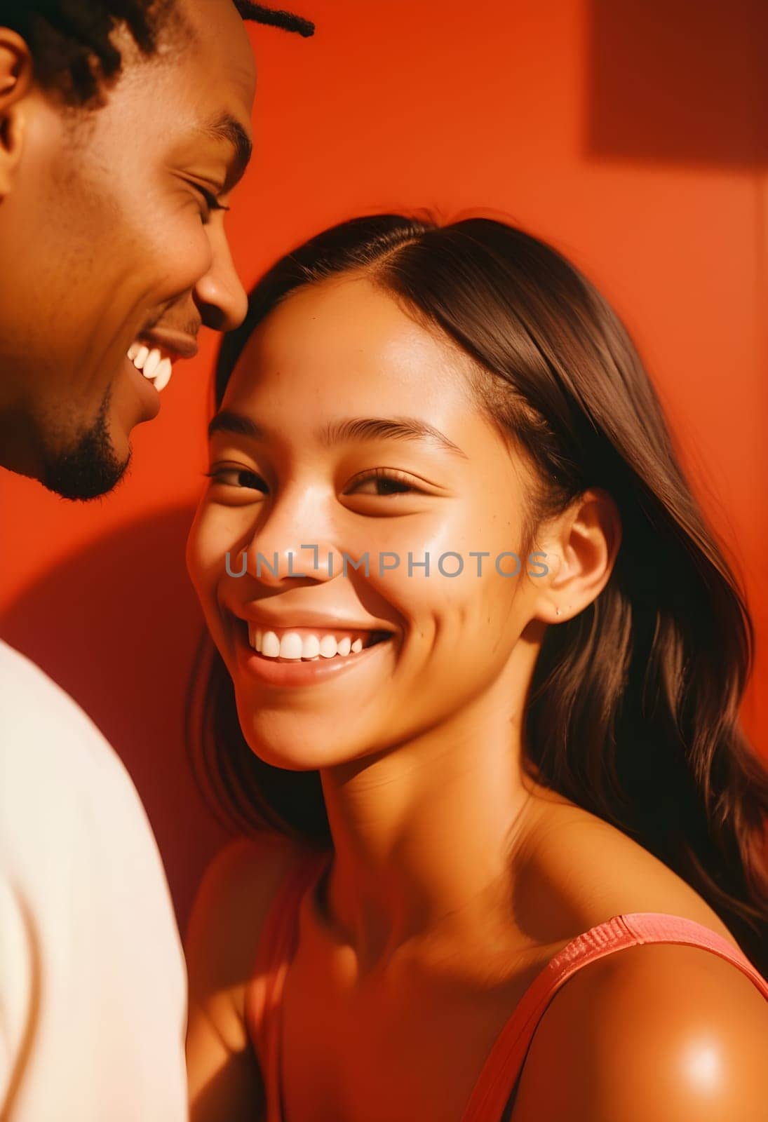 AI generated of a young couple smiling at each other on orange background